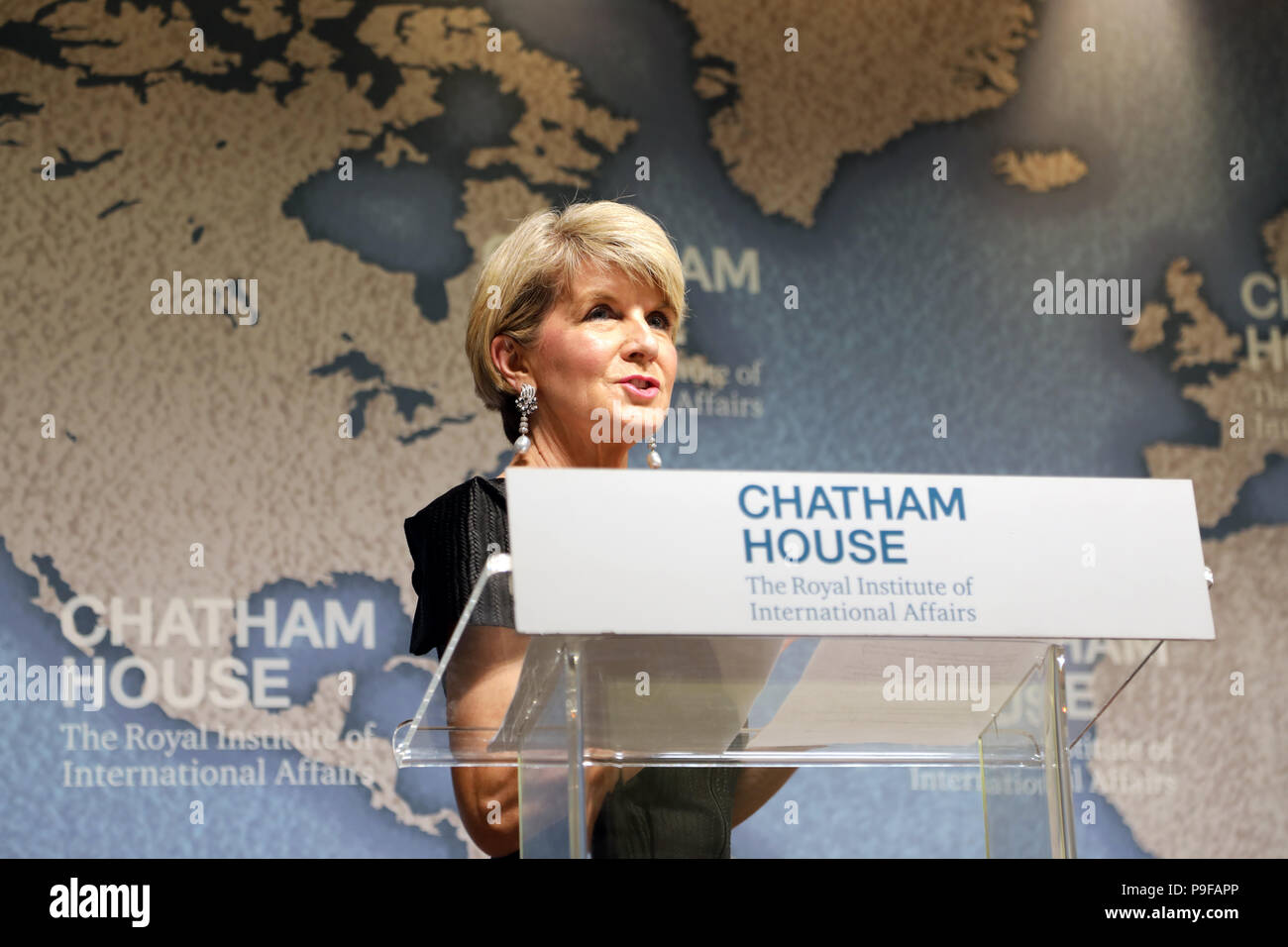 London / UK - July 18 2018: Julie Bishop, Australian minister for foreign affairs, speaking at the Chatham House think-tank in central London. Credit: Dominic Dudley/Alamy Live News Stock Photo