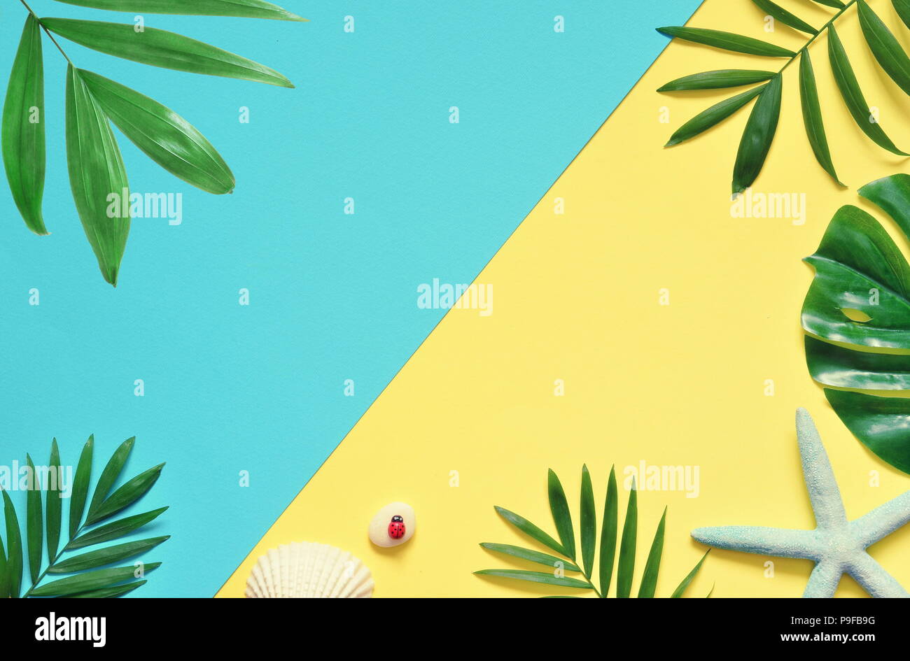 Tropical Background Palm Trees Branches With Starfish And Seashell On Yellow And Blue Background Travel Copy Space Stock Photo Alamy
