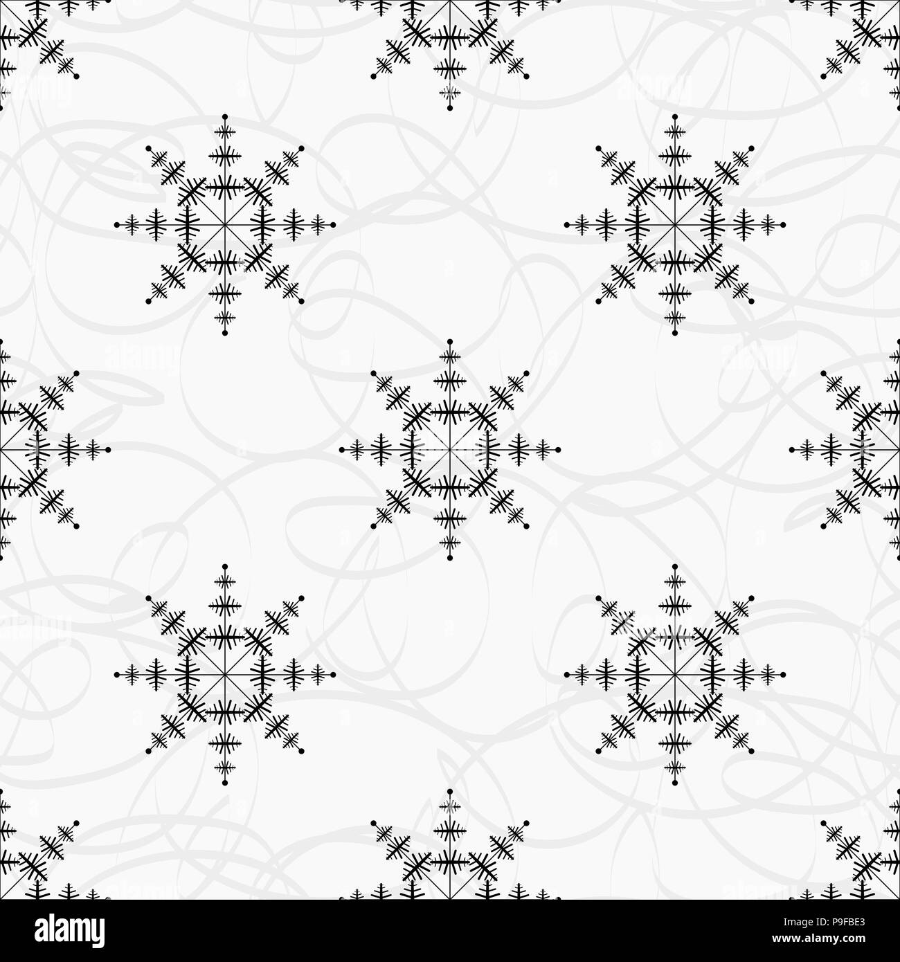 Snowflake simple seamless pattern. Black snow on white background ...