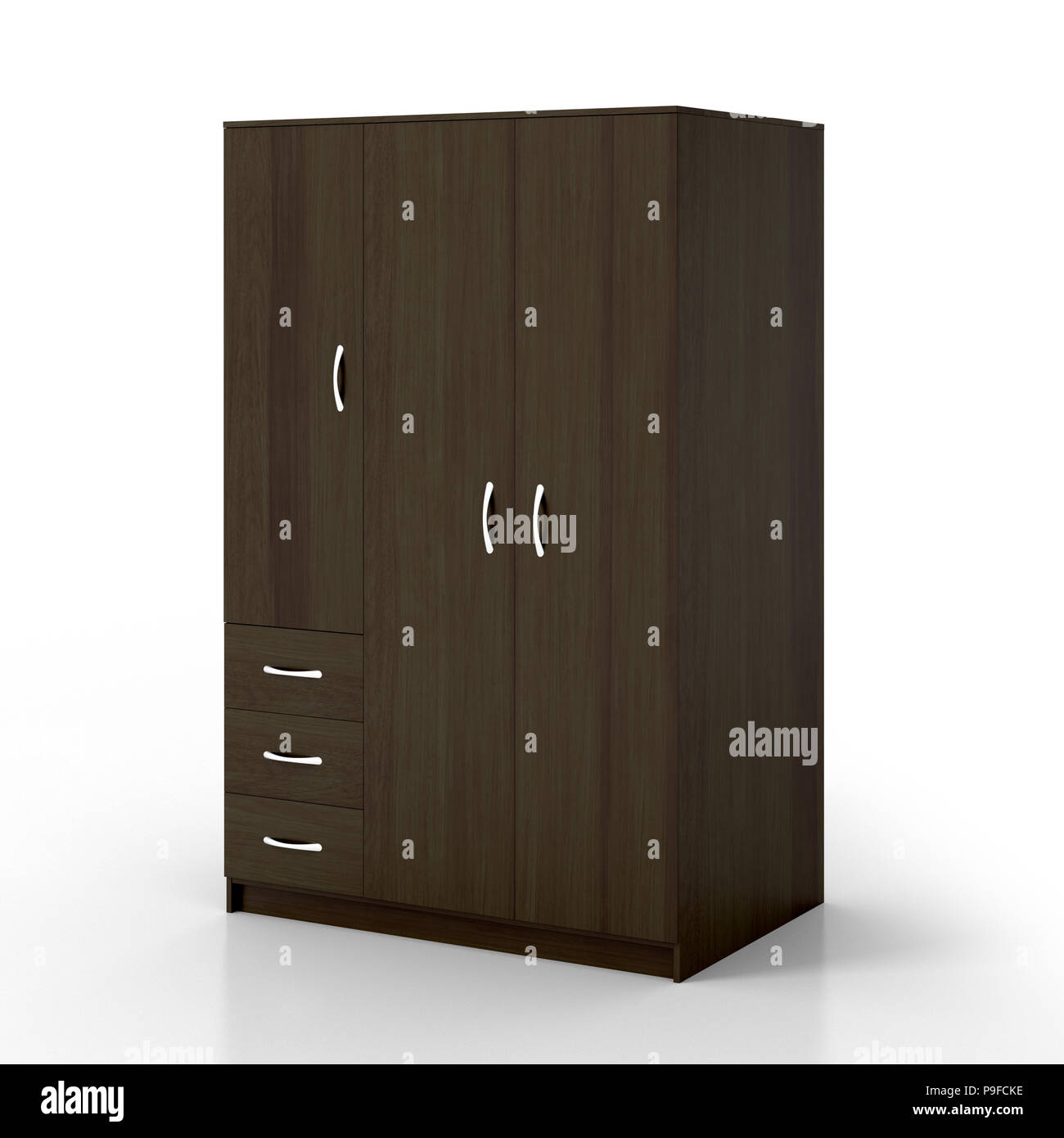 Closed Dark Brown Wardrobe Isolated On White Background With
