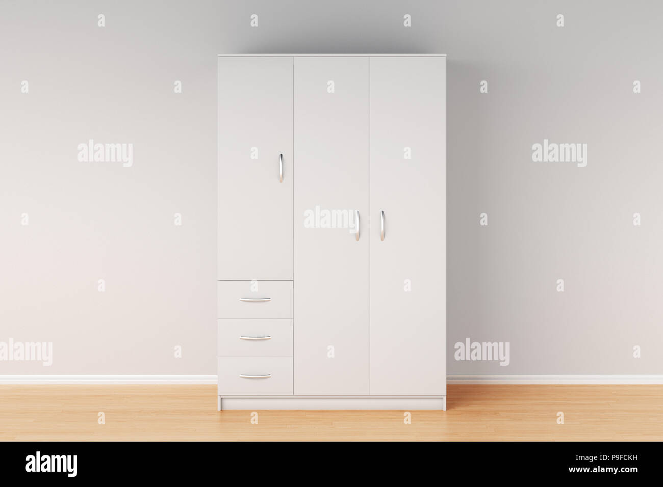 Closed white wardrobe in interior with clipping path. 3d illustration ...