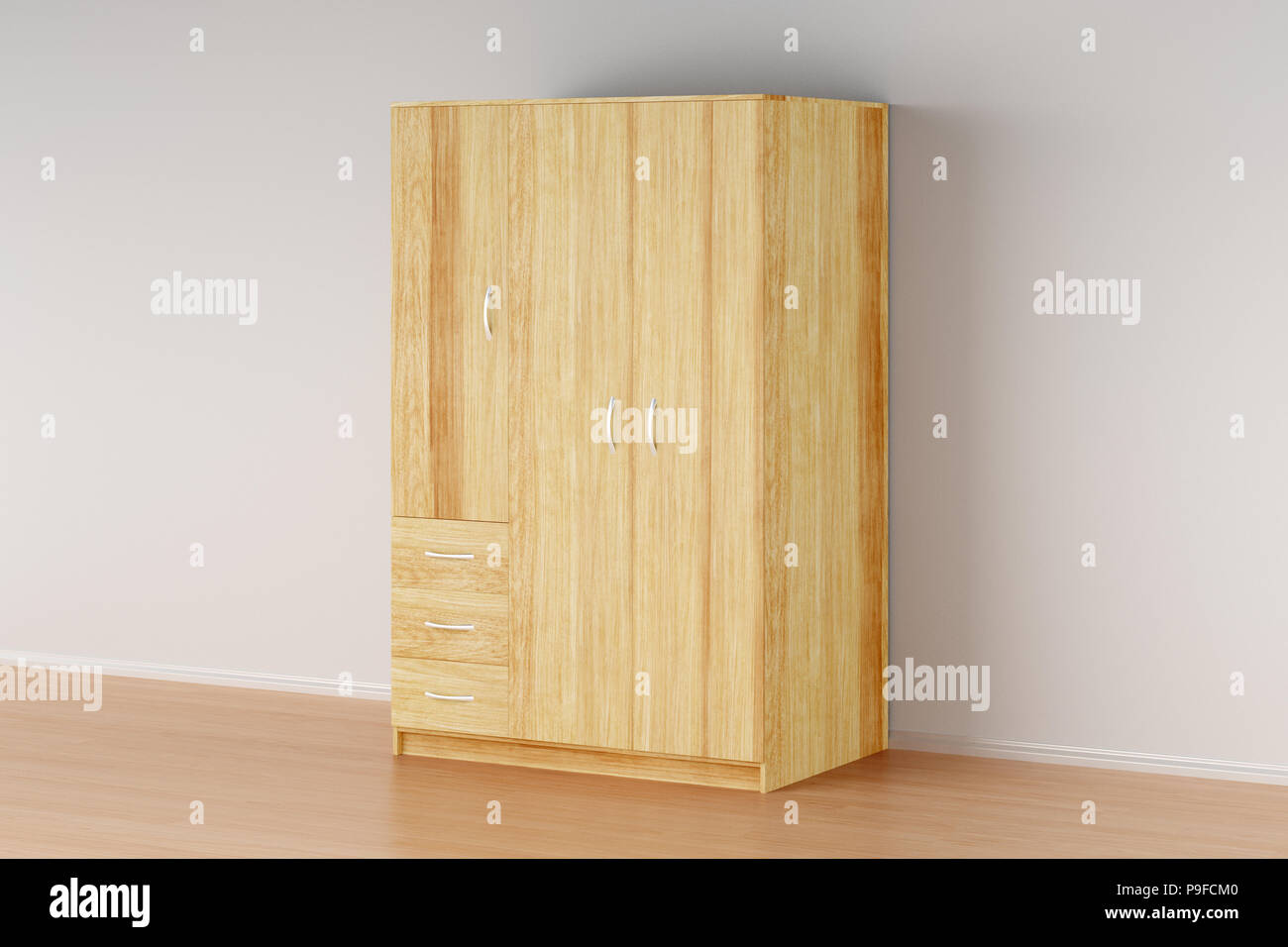 Closed wooden wardrobe in interior with clipping path. 3d illustration ...
