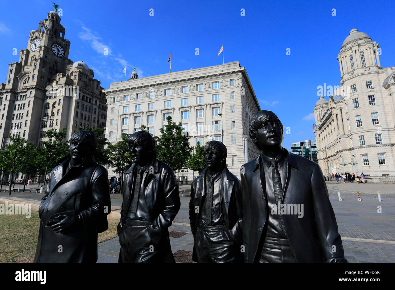 The Beatles statues, George's Parade, Pier Head, UNESCO World Heritage Site, Liverpool, Merseyside, England, UK Stock Photo