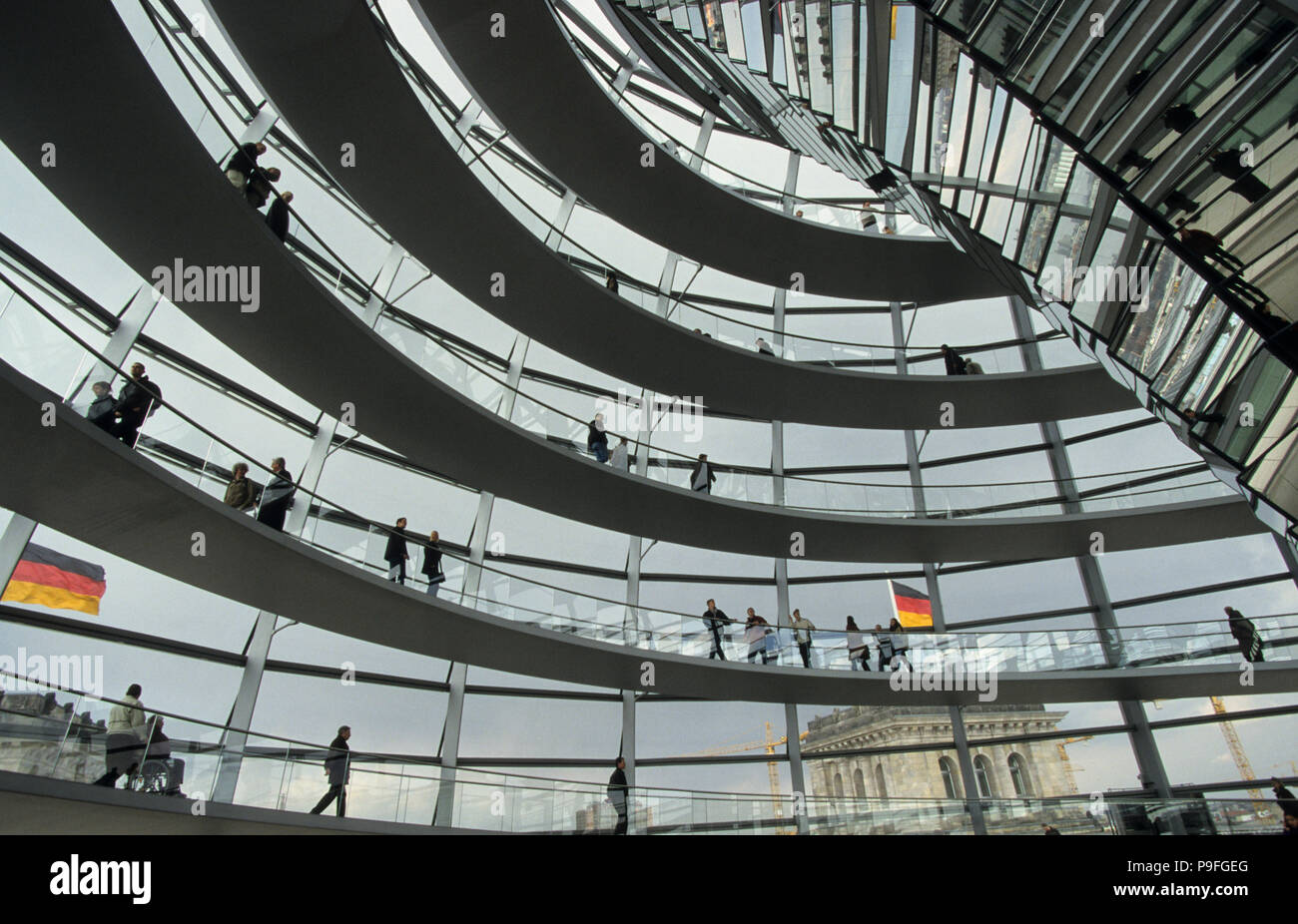 GERMANY, Berlin, Reichstag building today seat of german parliament Bundestag with glass dome with skywalk designed by architect Sir Norman Foster Stock Photo