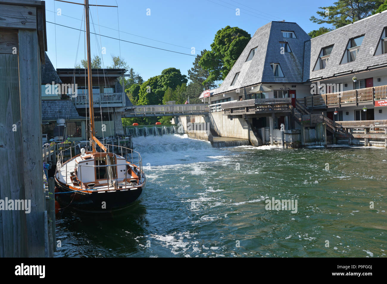 Fishtown in Leland, Michigan is a restored fishing village with shops and restaurants filling the shanties. Stock Photo