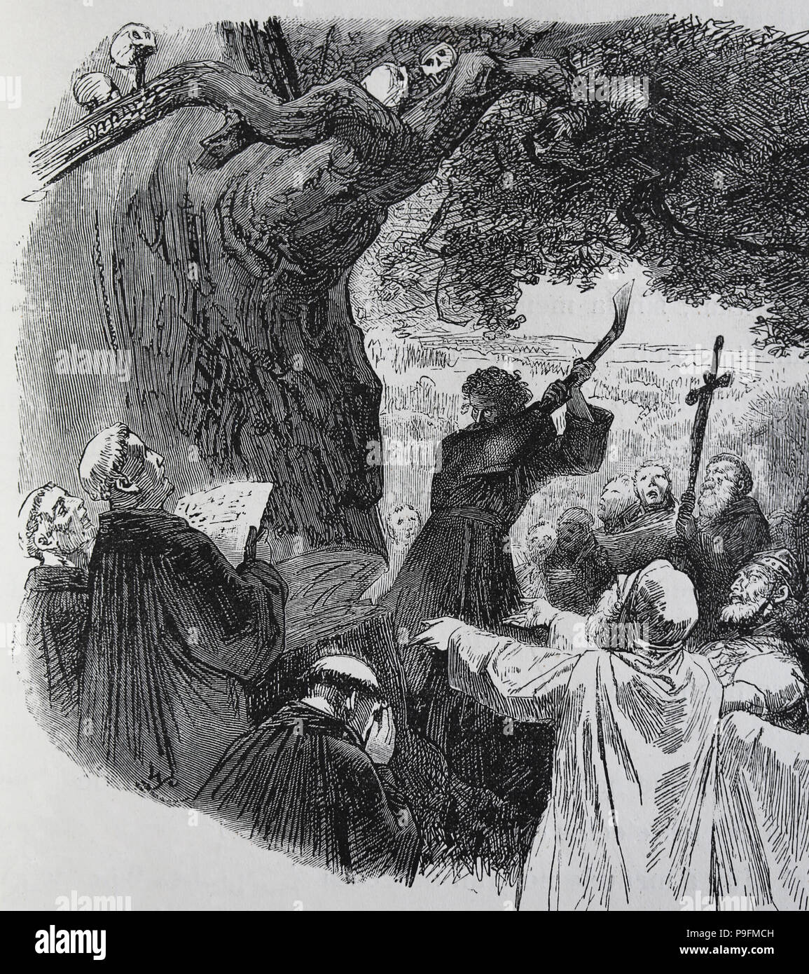 St. Boniface (675-754)  destroying the Donar's Oak. Missionary work in Germania. Engraving, Germania, 1882. Stock Photo
