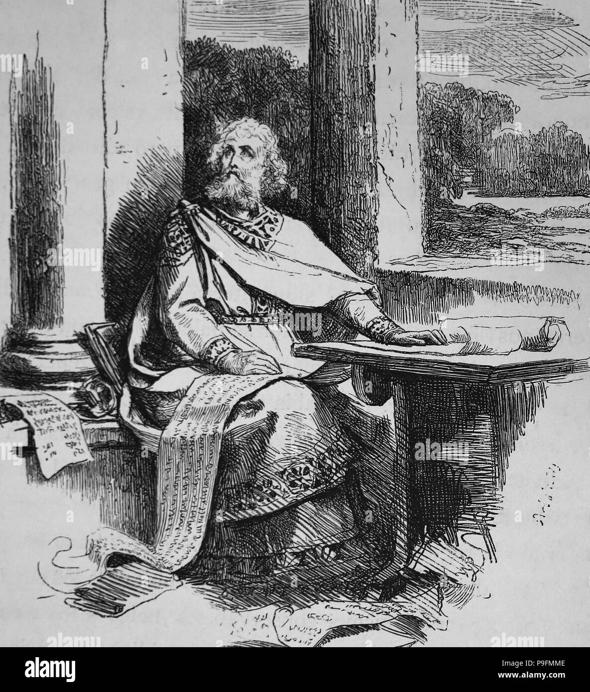 Court of Charlemagne or Charles the Great (742-814). Carolingian Empire. Engraving of Germania, 1882 Stock Photo