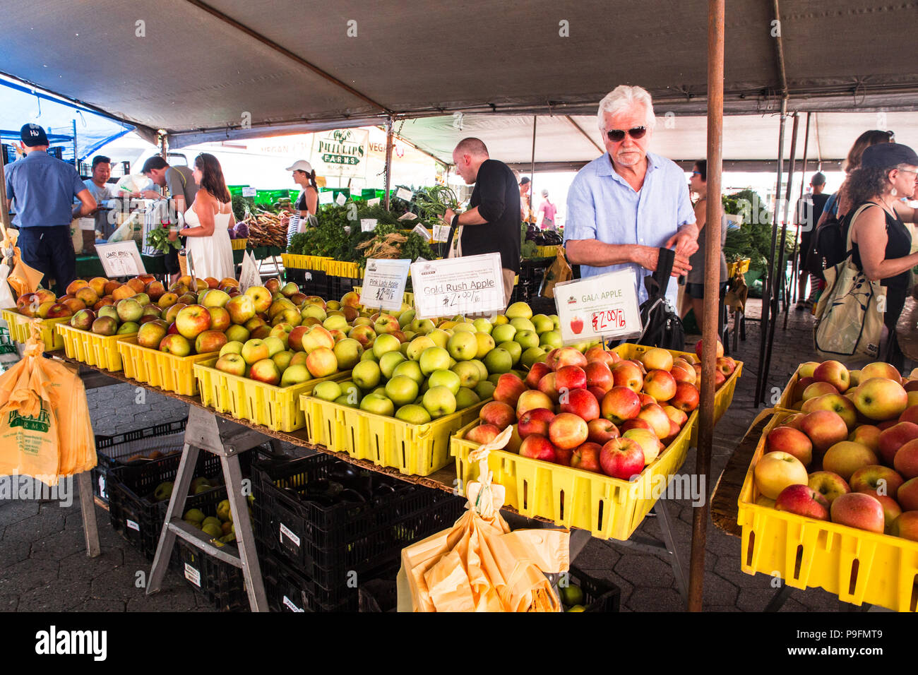 NEW YORK CITY JULY 16, 2018 Shoppers buying produce on display at the Union Square