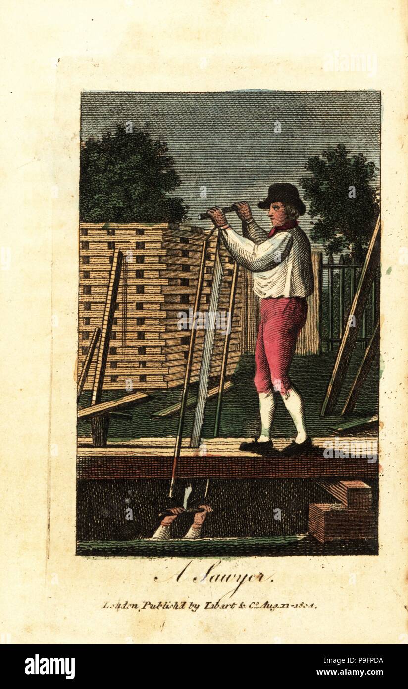 Sawyers cutting timber into planks with a large saw in a saw-pit. Handcoloured woodcut engraving from The Book of English Trades and Library of the Useful Arts, Tabart, London, 1810. Stock Photo