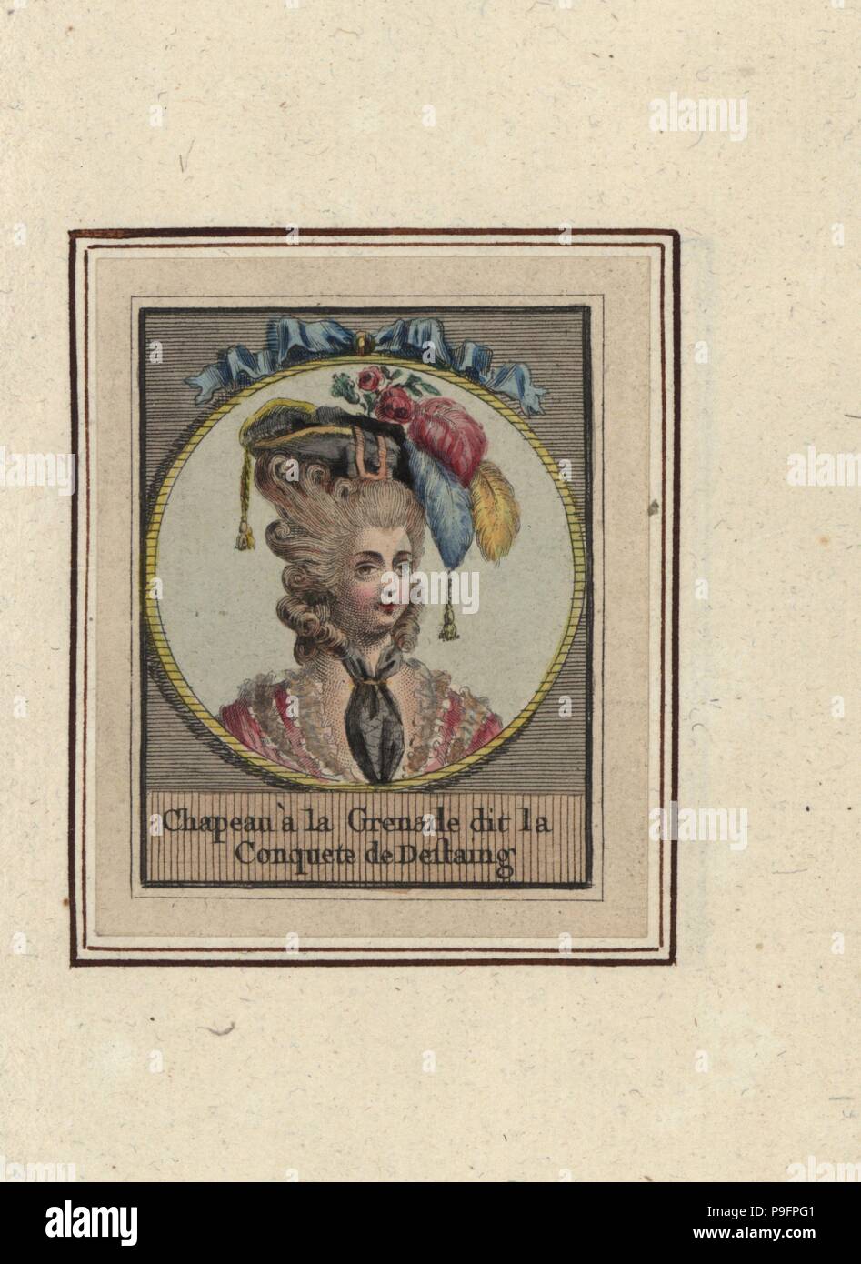 Woman in grenadier's bicorn called the Victory of d'Estaing, after French naval hero Charles Hector, comte d'Estaing. Chapeau a la Grenade dit la Conquete de Destaing; Handcoloured copperplate engraving by an unknown artist from an Album of Fashionable Hairstyles of 1783, Suite des Coeffures a la Mode en 1783, Esnauts et Rapilly, Paris, 1783. Stock Photo