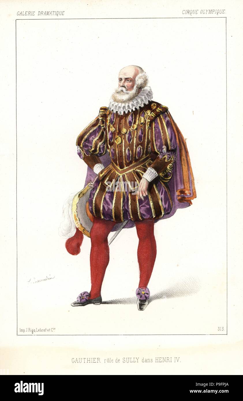 French actor Jean Gauthier as Sully in Henri IV by Amable de Saint-Hilaire  and Michel Delaporte, Cirque Olympique, 1846. Handcoloured lithograph after  an illustration by Alexandre Lacauchie from Victor Dollet's Galerie  Dramatique: