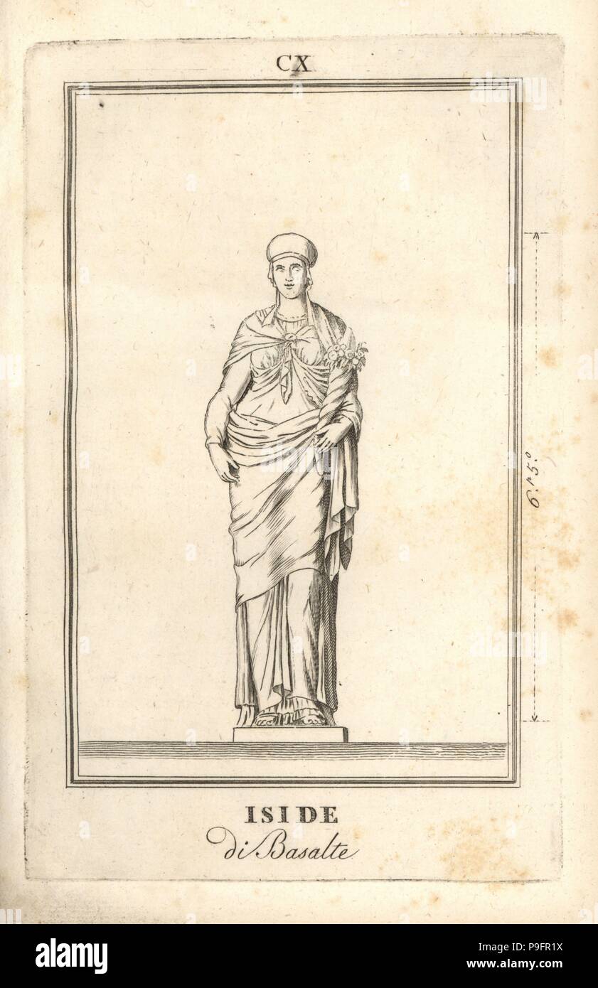 Statue of the Egyptian goddess Isis with the attributes of Flora in basalt. Copperplate engraving from Pietro Paolo Montagnani-Mirabili's Il Museo Capitolino (The Capitoline Museum), Rome, 1820. Stock Photo