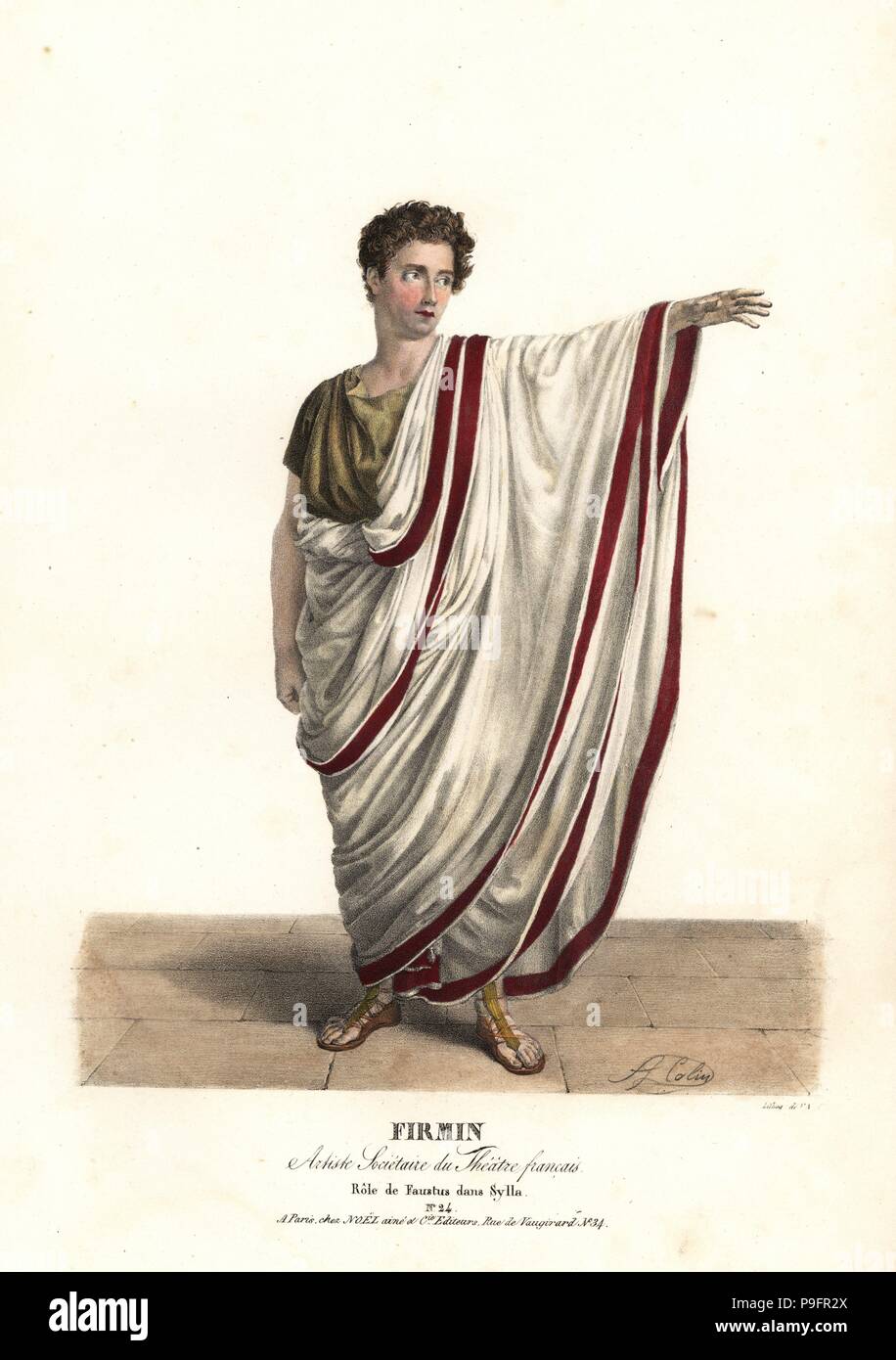 Jean-Baptiste Firmin as Faustus in the tragedy Sylla by Victor Joseph Etienne de Jouy, Theatre Francais, 1826. Handcoloured lithograph by F. Noel after an illustration by Alexandre-Marie Colin from Portraits d'Acteurs et d'Actrices dans different roles, F. Noel, Paris, 1826. Stock Photo