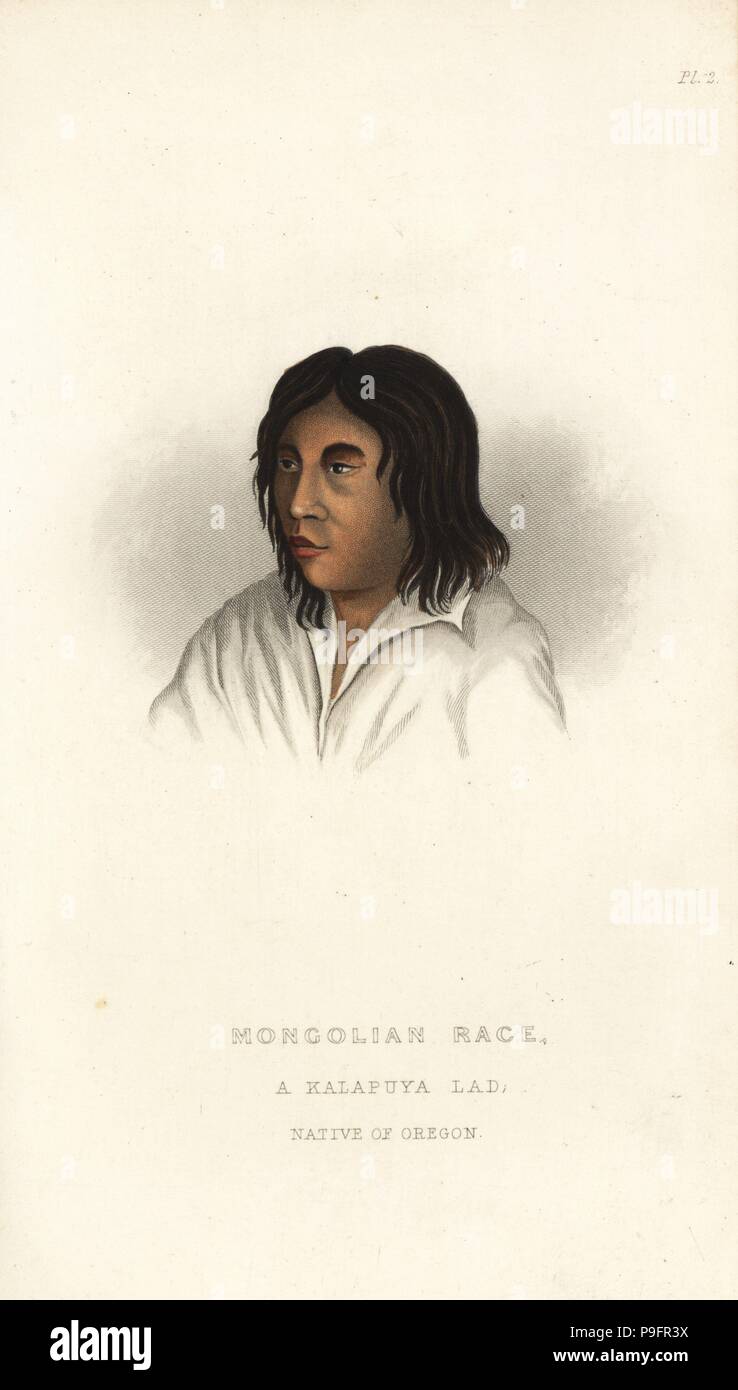 Young man of the Kalapuya nation, native of Oregon. Mongolian Race. Handcoloured steel engraving after an illustration by Alfred Agate from Charles Pickering's The Race of Man, London, 1850. Stock Photo