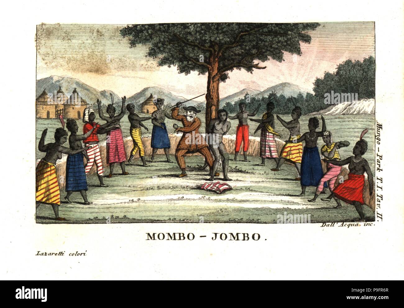 A Mandinka polygamist in a tree-bark suit beats one of his wives in the brutal ritual of Mumbo Jumbo. From Mungo Park’s Travels in the Interior of Africa. Copperplate engraving by Dell'Acqua handcoloured by Lazaretti from Giovanni Battista Sonzogno’s Collection of the Most Interesting Voyages (Raccolta de Viaggi Più Interessanti), Milan, 1815-1817. Stock Photo