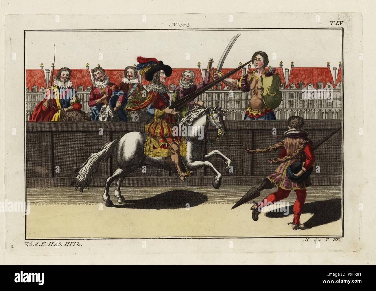 Jousting at a quintain or pavo. Taken from Antoine de Pluvinel's L