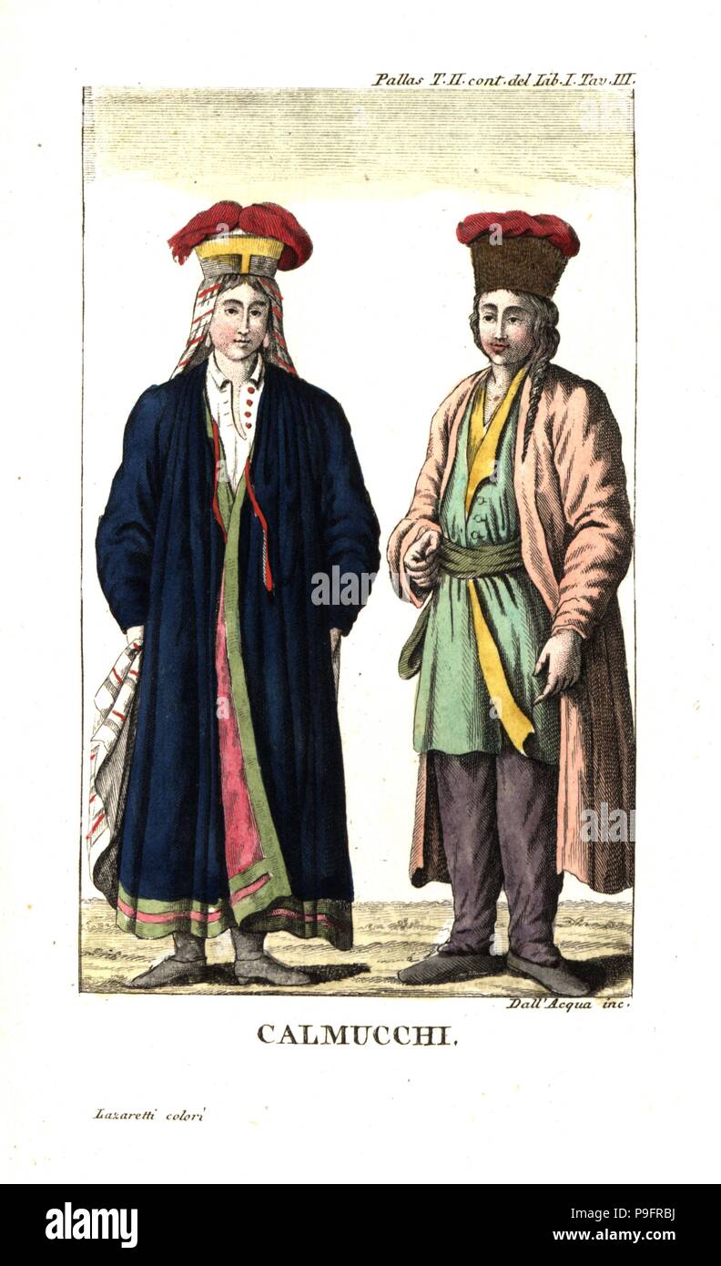 Kalmyk man and woman in traditional costume. Illustration from Peter Simon Pallas’ Travels through the southern provinces of the Russia Empire, 1812. Copperplate engraving by Dell'Acqua handcoloured by Lazaretti from Giovanni Battista Sonzogno’s Collection of the Most Interesting Voyages (Raccolta de Viaggi Piu Interessanti), Milan, 1815-1817. Stock Photo