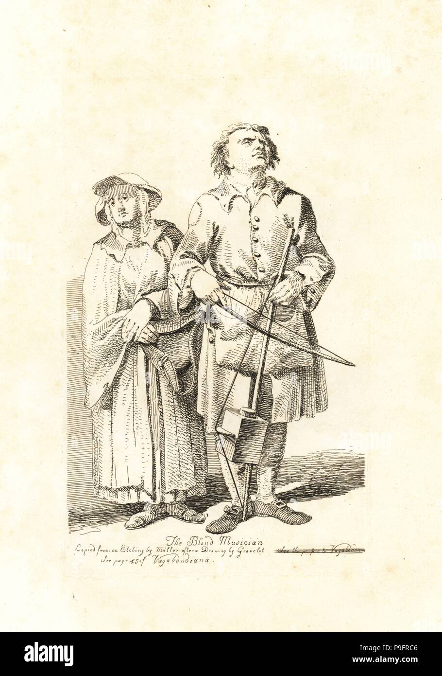 Blind chaunter or singer with a catgut fiddle and bow. The fiddle has a tea canister for a soundbox. Copied from an etching by Miller after a drawing by Gravelot. Copperplate etching drawn and engraved by John Thomas Smith from his Vagabondiana, Anecdotes of Mendicant Wanderers through the Streets of London, 1817. Stock Photo