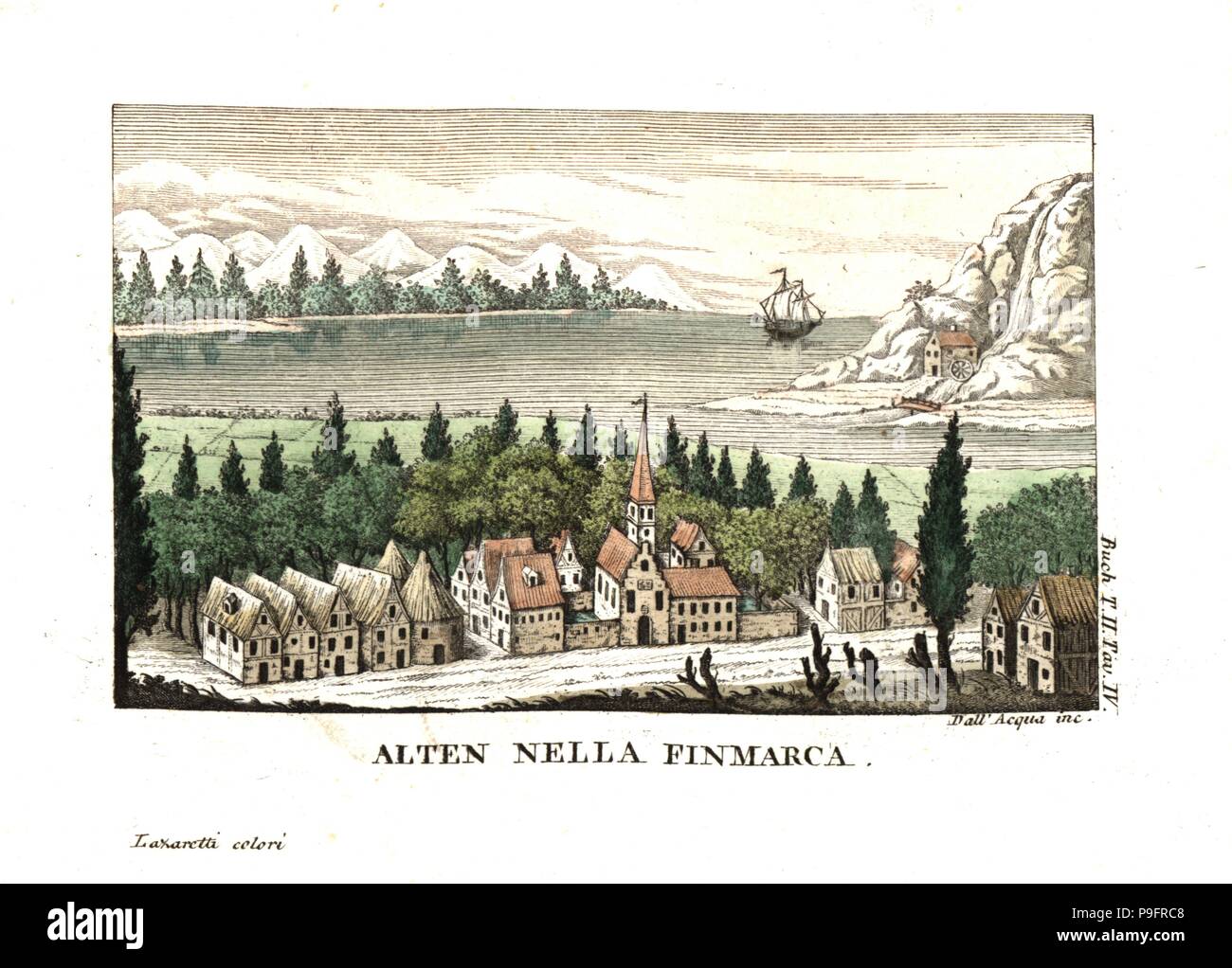 View of the town of Alta, Finnmark county, Norway. Illustration from Leopold von Buch’s Travels Through Norway and Lapland, 1813. Copperplate engraving by Dell'Acqua handcoloured by Lazaretti from Giovanni Battista Sonzogno’s Collection of the Most Interesting Voyages (Raccolta de Viaggi Piu Interessanti), Milan, 1815-1817. Stock Photo