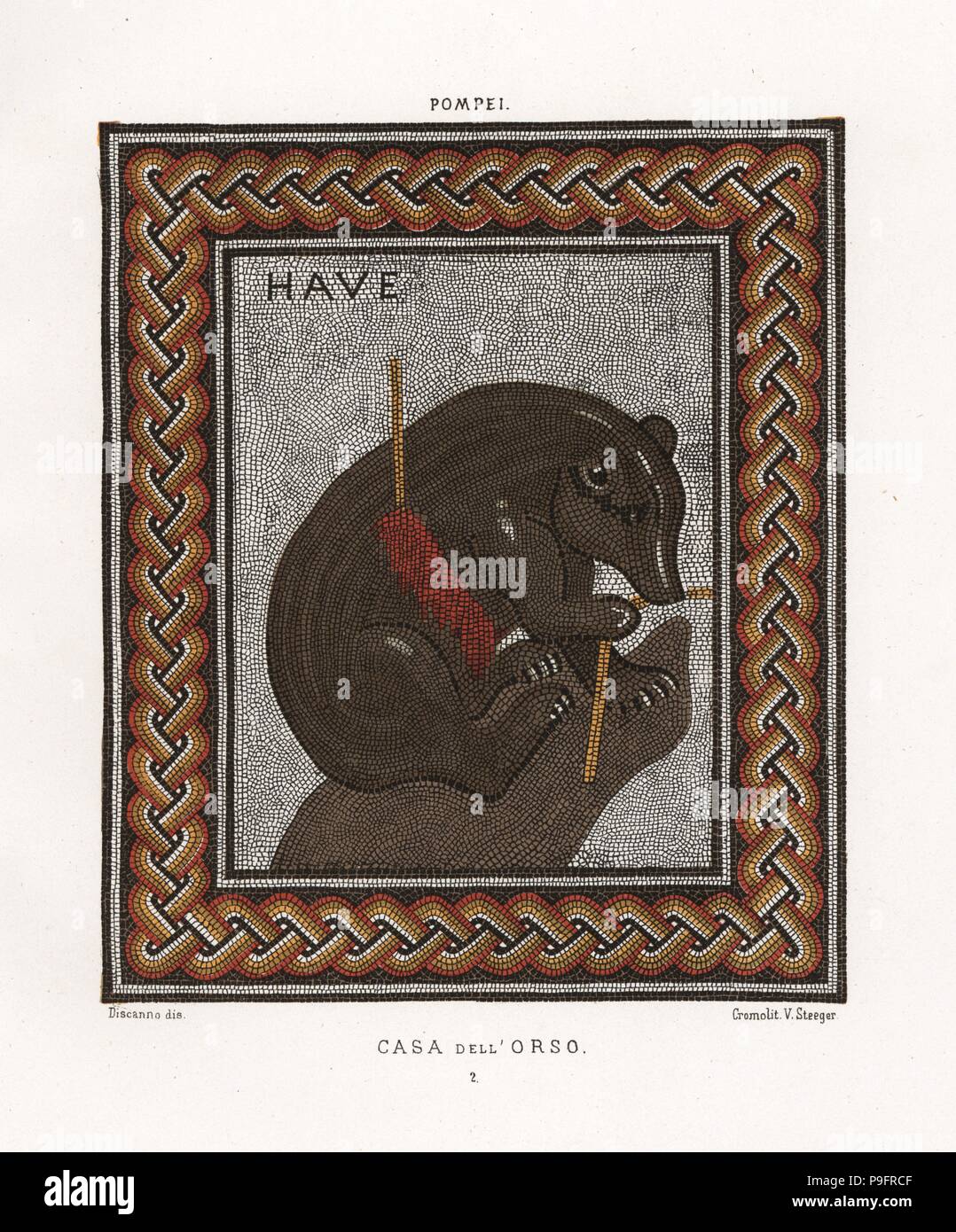 Mosaic of a bear wounded with a spear from the Casa dell'Orso, House of the Bear, VII.II.45. Chromolithograph by Victor Steeger after an illustration by Geremia Discanno from Emile Presuhn’s Les Plus Belles Peintures de Pompei (The Most Beautiful Paintings of Pompeii), Leipzig, 1881. Stock Photo