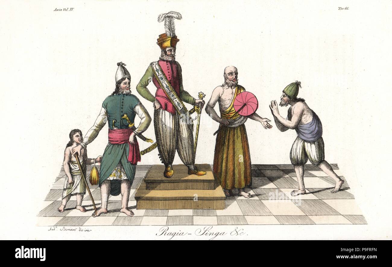 A noble man of Sri Lanka, King Rajasinha II of Kandy, and a Tirinanxy or Chief Priest. Handcoloured copperplate drawn and engraved by Andrea Bernieri after Robert Knox from Giulio Ferrario's Ancient and Modern Costumes of all the Peoples of the World, Florence, Italy, 1844. Stock Photo