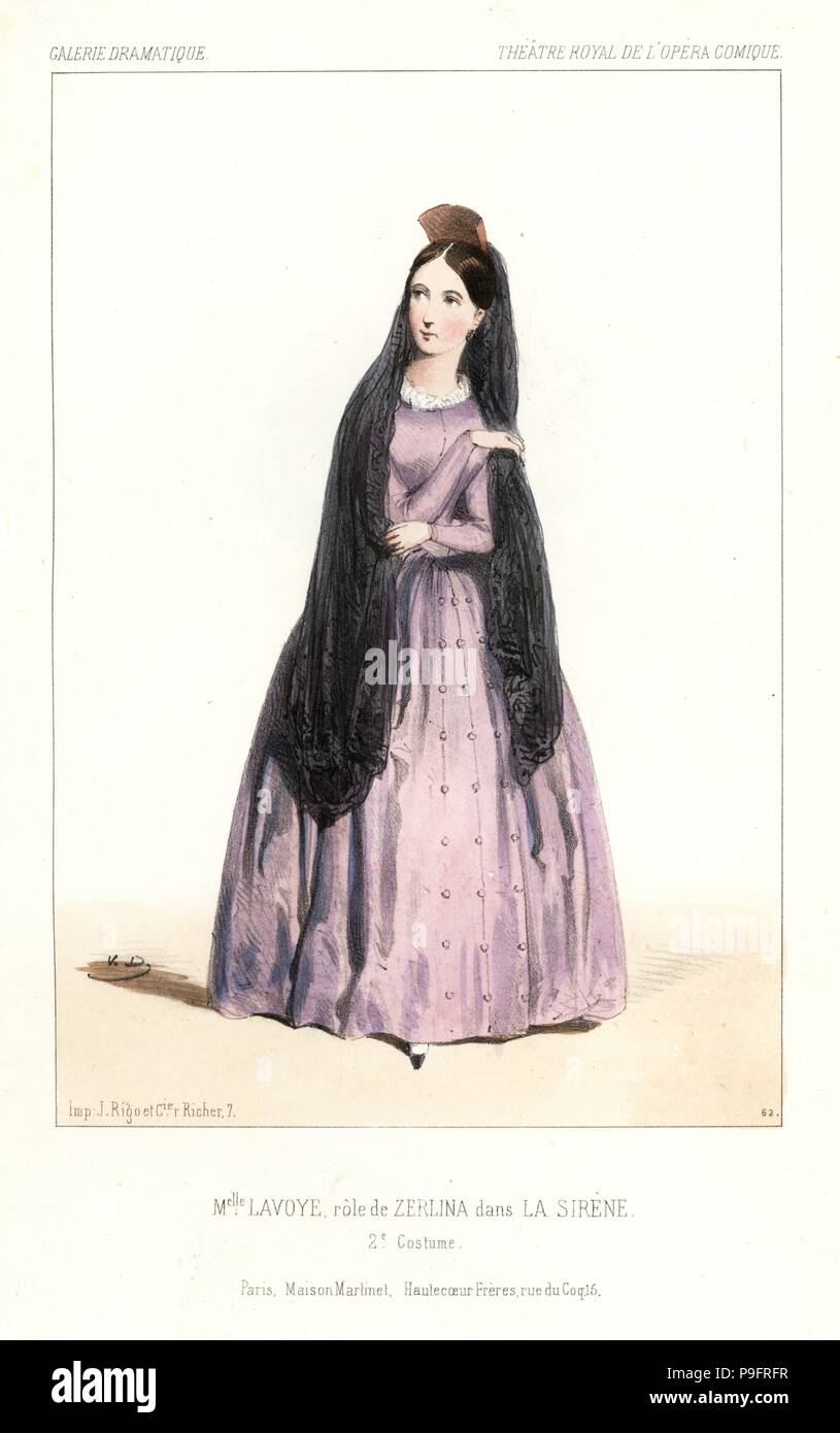 Soprano opera singer Anne Benoite Louise Lavoye as Zerlina in La Sirene by Daniel Auber and Eugene Scribe, Theatre Royal de l'Opera Comique, 1844. Handcoloured lithograph after an illustration by Victor Dollet from Galerie Dramatique: Costumes des Theatres de Paris, Paris, 1845. Stock Photo