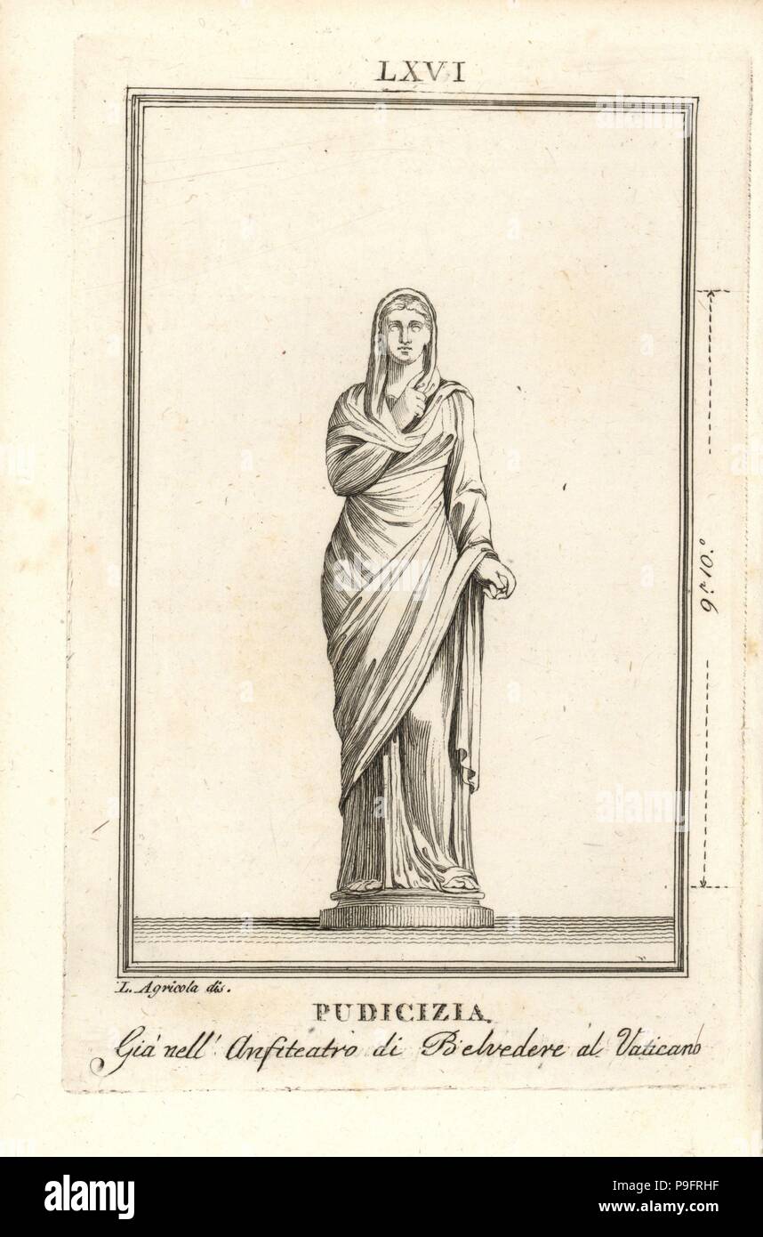 Statue of Pudicitia, goddess of modesty, in veiled robes. In the Belvedere Courtyard in the Vatican. Copperplate engraving after an illustration by L. Agricola from Pietro Paolo Montagnani-Mirabili's Il Museo Capitolino (The Capitoline Museum), Rome, 1820. Stock Photo