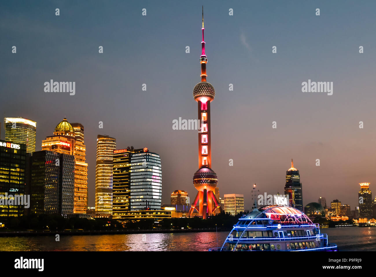 Early evening view of high rises in the new Pudong district of Shanghai, China. Stock Photo