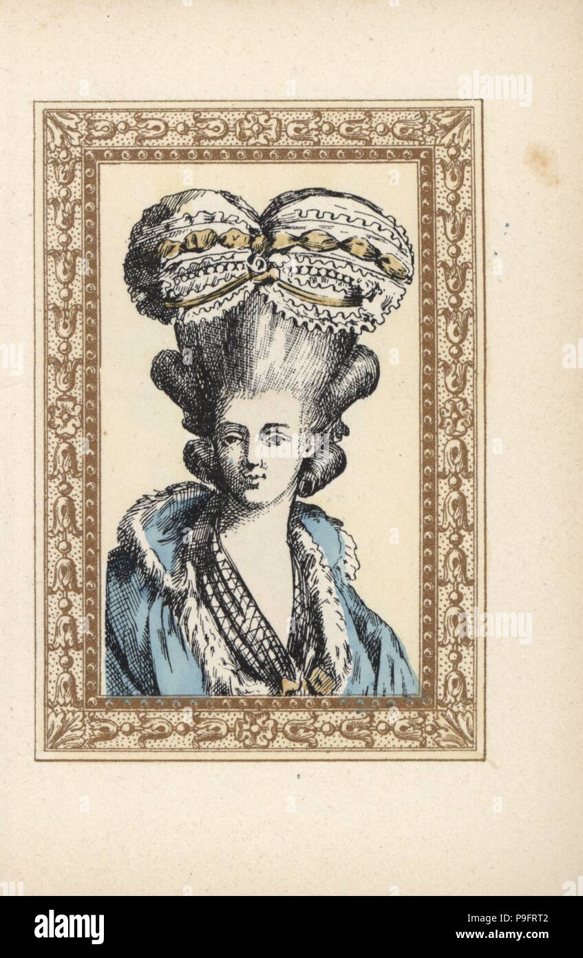 Woman in tall hairstyle with curls topped by a bonnet called the Queen's  Rising. Coiffure au Lever de la Reine. Handcoloured lithograph by de  Laubadere from Octave Uzanne's Stylish Hairstyle or Eccentric