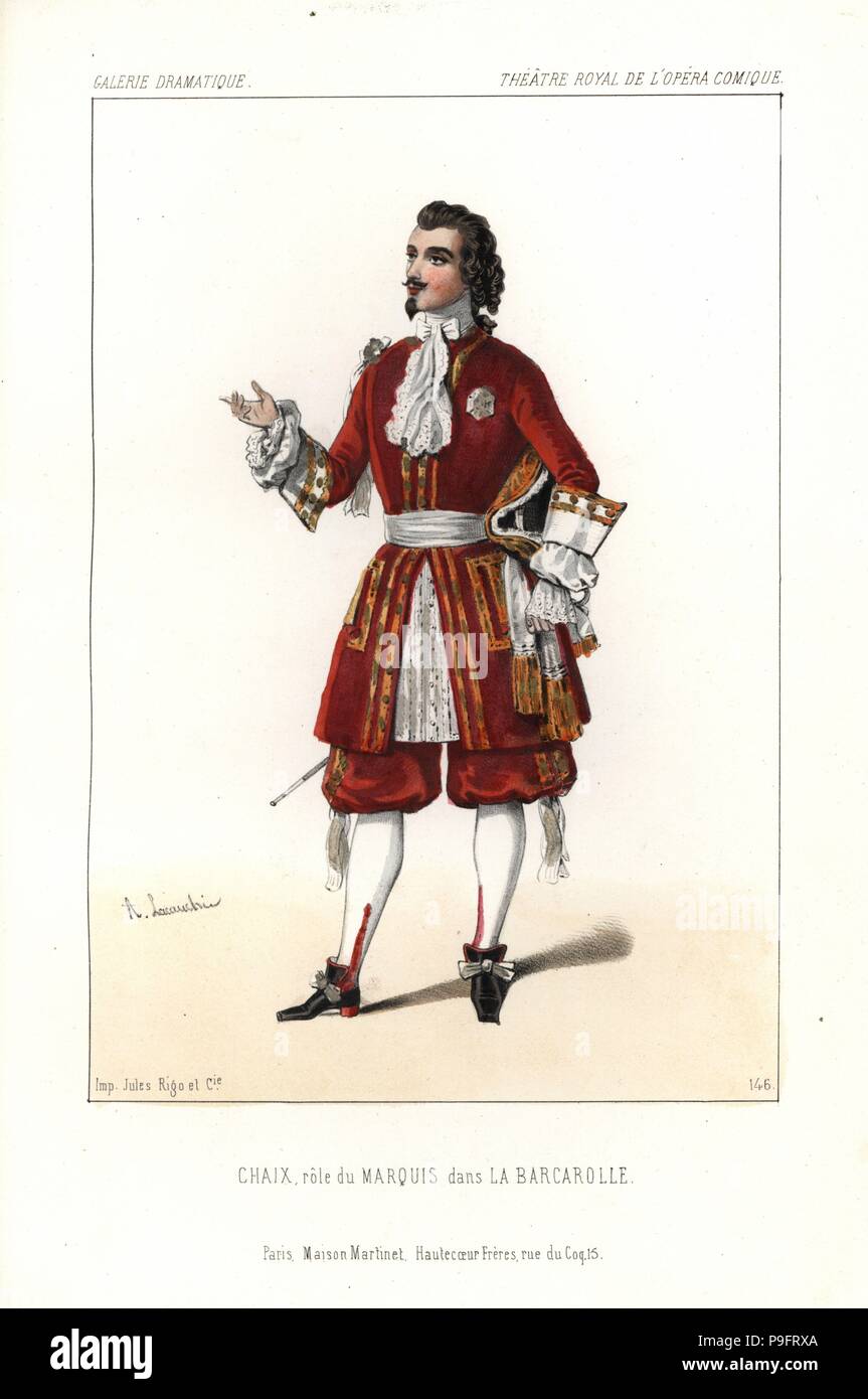 Bass baritone singer Chaix in the role of the Marquis in Auber's La Barcarolle, Opera Comique, 1845. Handcoloured lithograph after an illustration by Alexandre Lacauchie from Victor Dollet's Galerie Dramatique: Costumes des Theatres de Paris, Paris, 1845. Stock Photo