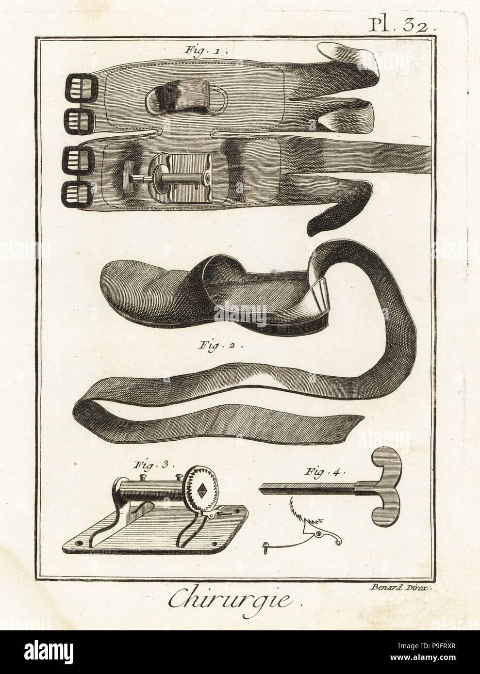 18th century knee pad 1, slipper 2, winch 3 and key 4. Copperplate
