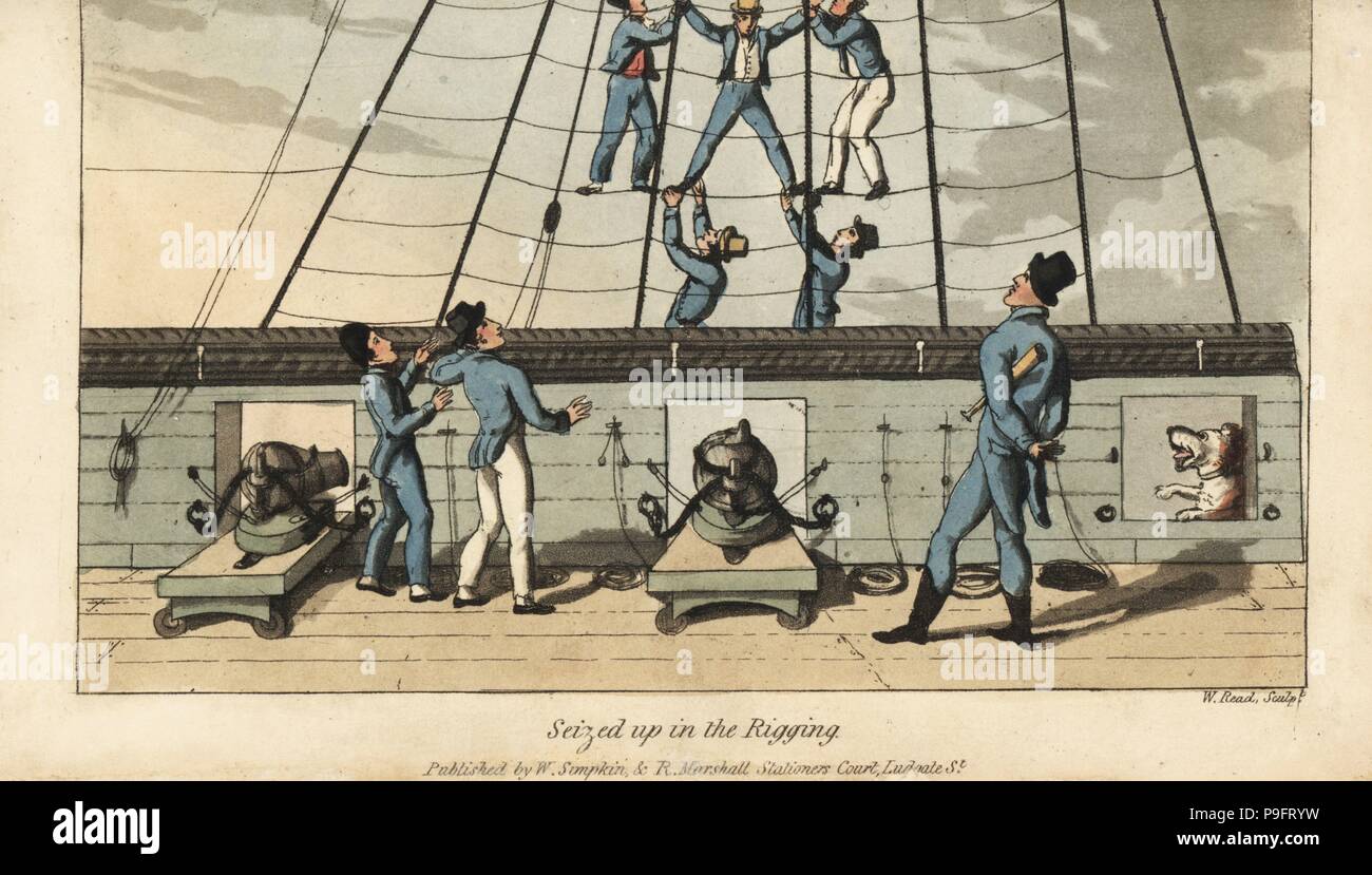 Naval rite of passage: Johnny is seized and spreadeagled in the rigging by his fellow sailors. Handcoloured copperplate engraving by W. Read after an illustration by Thomas Rowlandson from Alfred Burton's The Adventures of Johnny Newcombe in the Navy, Simpkin, London, 1818. Stock Photo