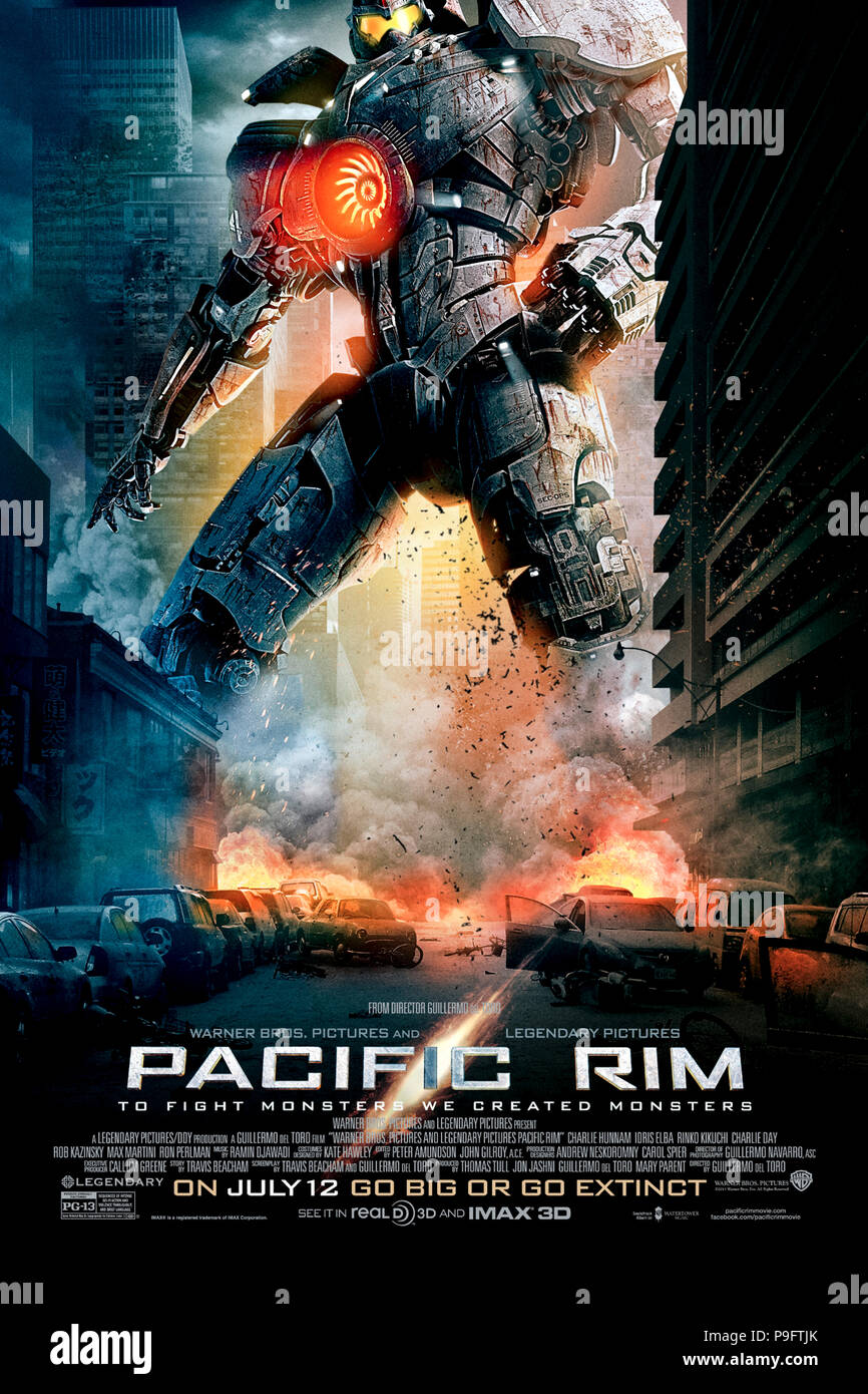 Pacific Rim (2013) directed by Guillermo del Toro and starring Idris Elba, Charlie Hunnam, Rinko Kikuchi and Burn Gorman. Giant alien monsters (Kaiju) do battle with huge robots (Jaegers) to stop them in this Hollywood take on Japanese mecha. Stock Photo