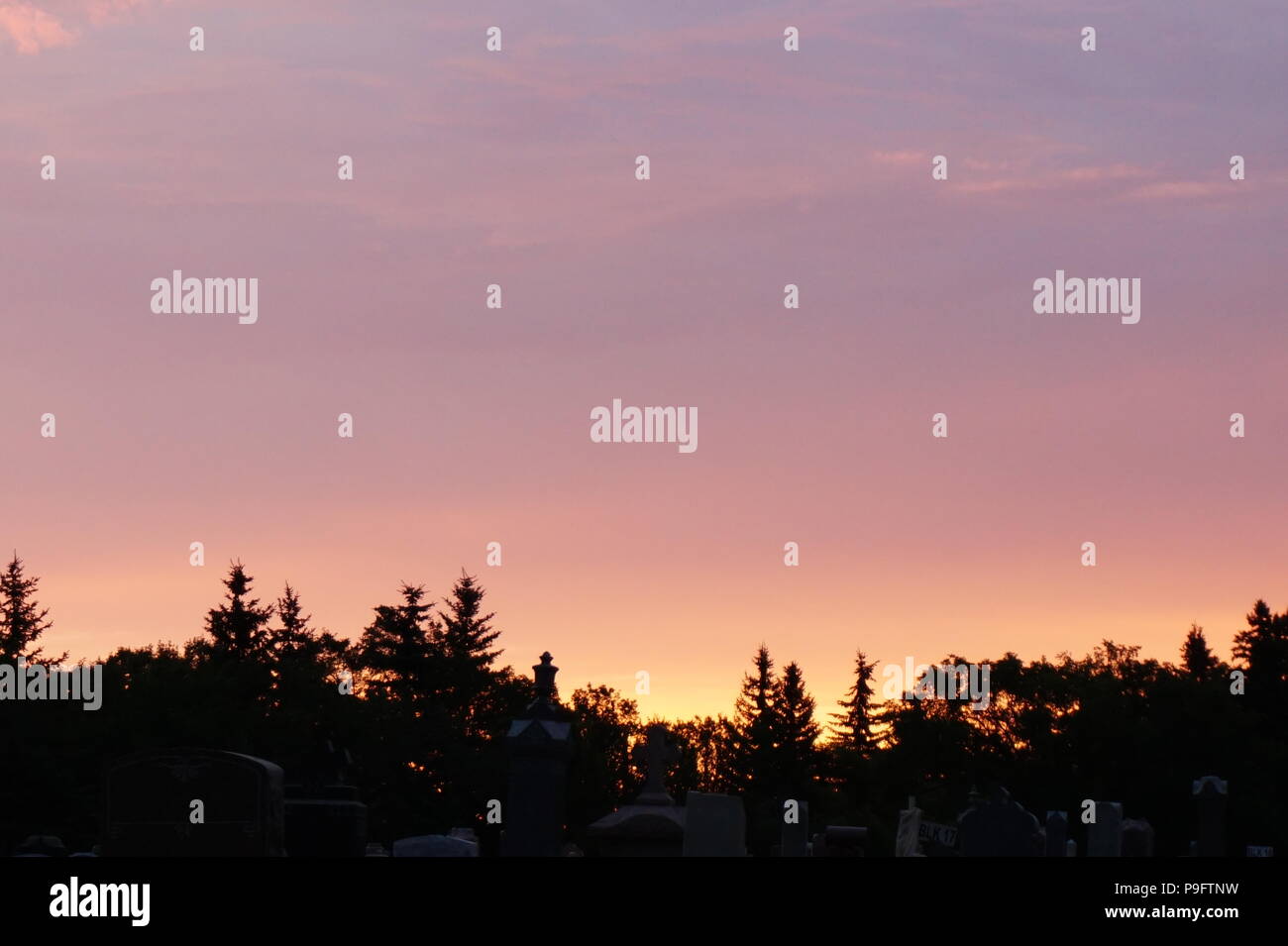 Sunrise over the Cemetery in Moose Jaw, Saskatchewan, Canada Stock Photo