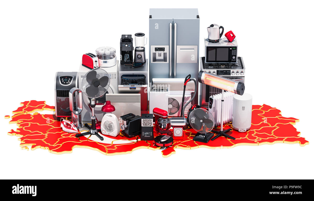 Map of Turkey with home and kitchen appliances, 3D rendering isolated