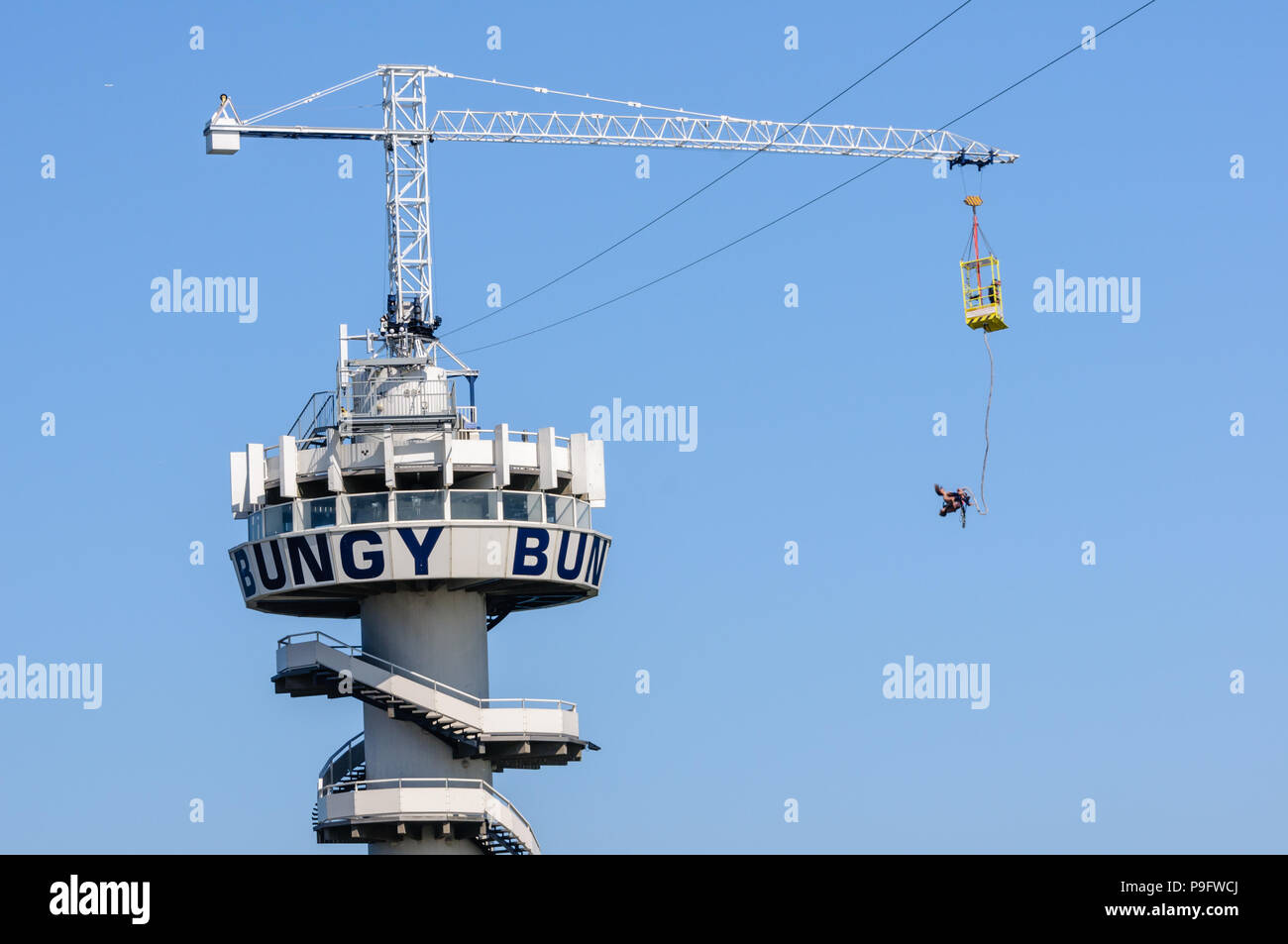 Bungy jumping at Schevinengen Pier, The Hague, Netherlands Stock Photo