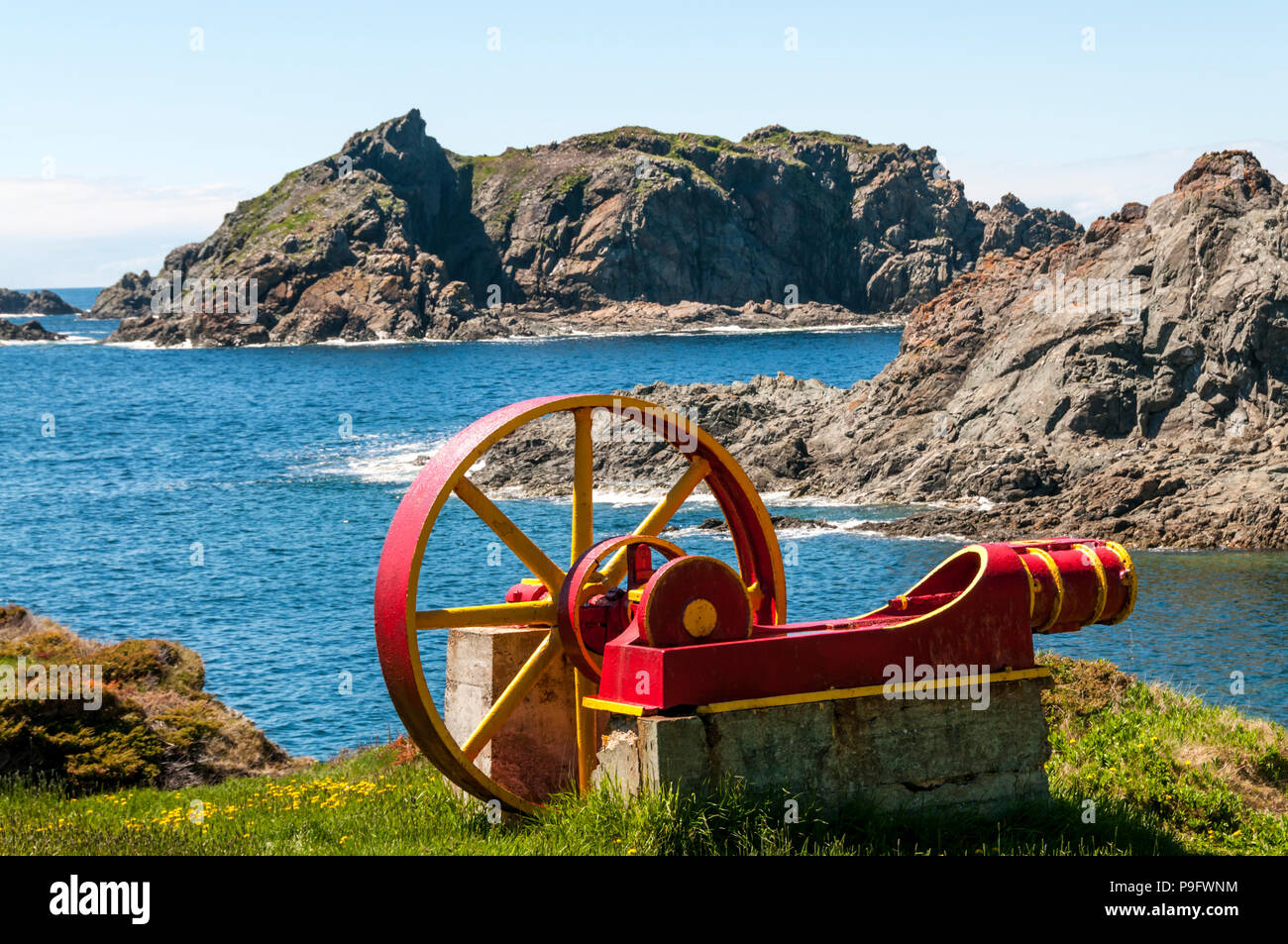 Old mining equipment at the site of the Sleepy Cove copper mine on North Twillingate island, Newfoundland. Stock Photo