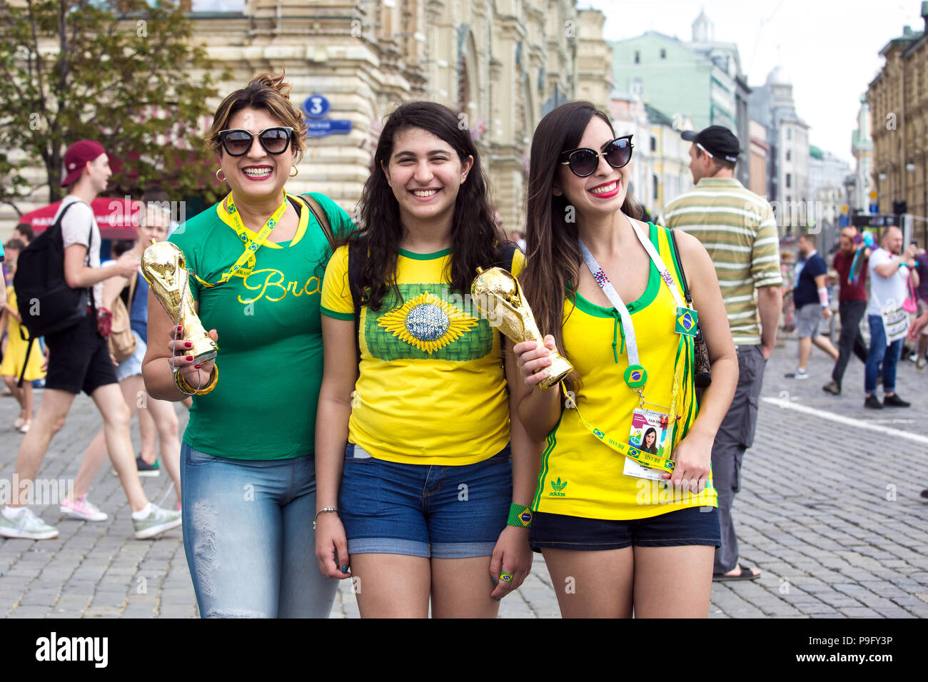 Moscow, Russia - July, 2018: Brasil football fans on world cup championship in Moscow, Russia Stock Photo
