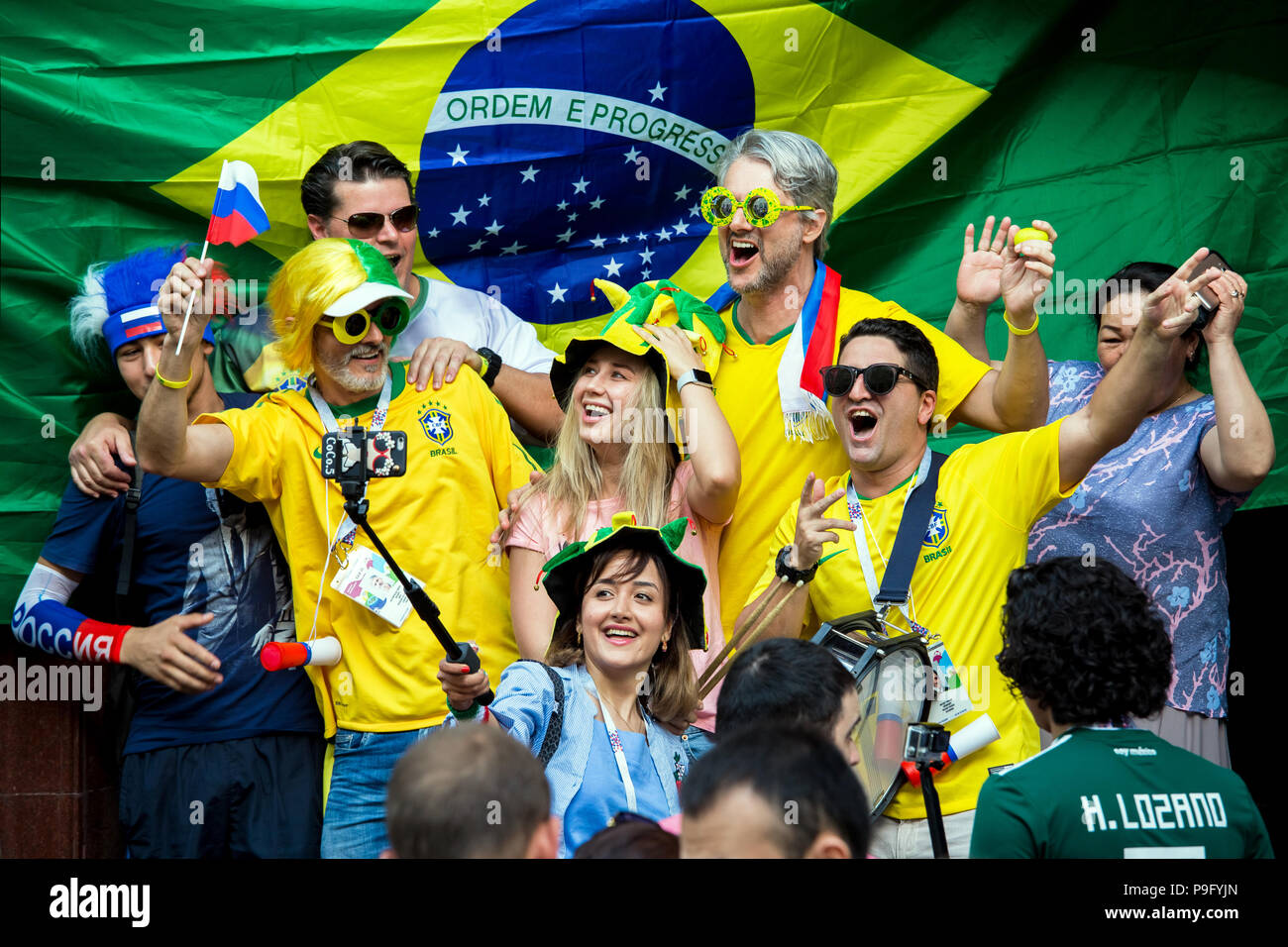 Moscow, Russia - June, 2018: Brasil football fans on world cup championship in Moscow, Russia Stock Photo