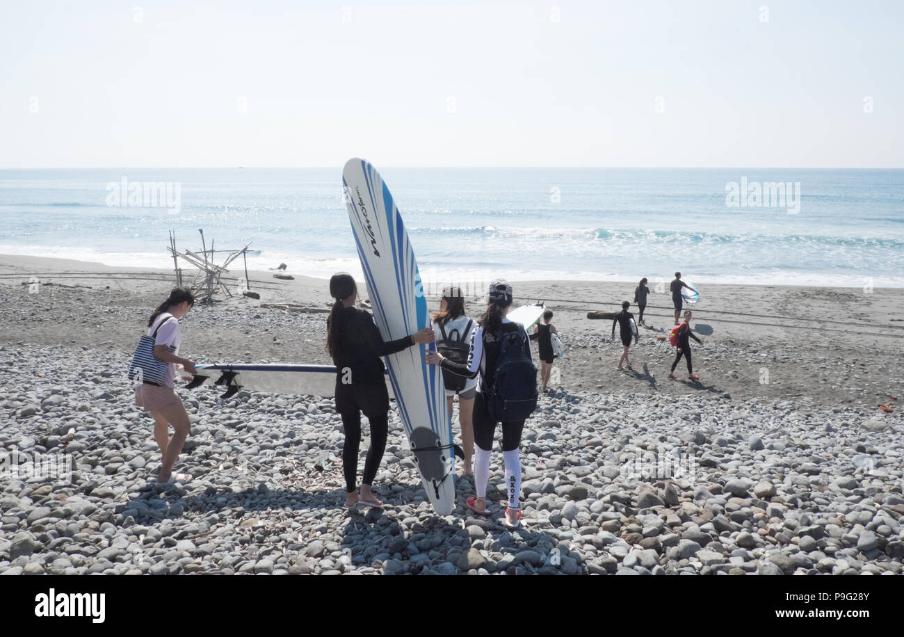 Dulan beach,Surfing,surfboards,lesson,on,coast,beach,near,Taitung,East