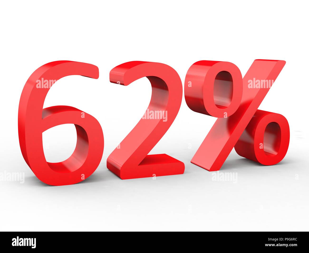 62 percent discount. Red 3d numbers on isolated white background Stock Photo