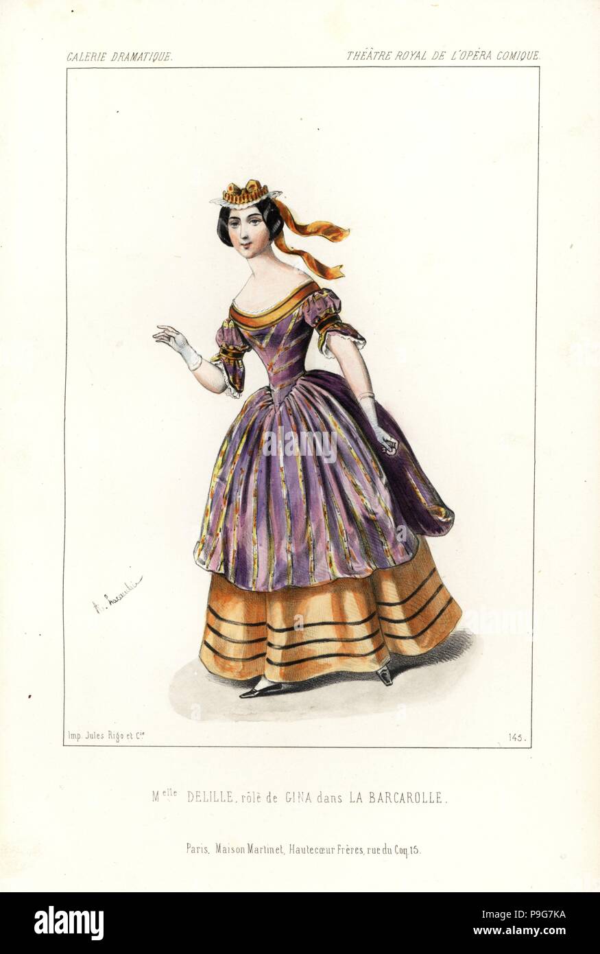 Mezzo-soprano singer Mlle. Delille or Octavie Morize in the role of Gina in Auber's La Barcarolle, Opera Comique, 1845. Handcoloured lithograph after an illustration by Alexandre Lacauchie from Victor Dollet's Galerie Dramatique: Costumes des Theatres de Paris, Paris, 1845. Stock Photo