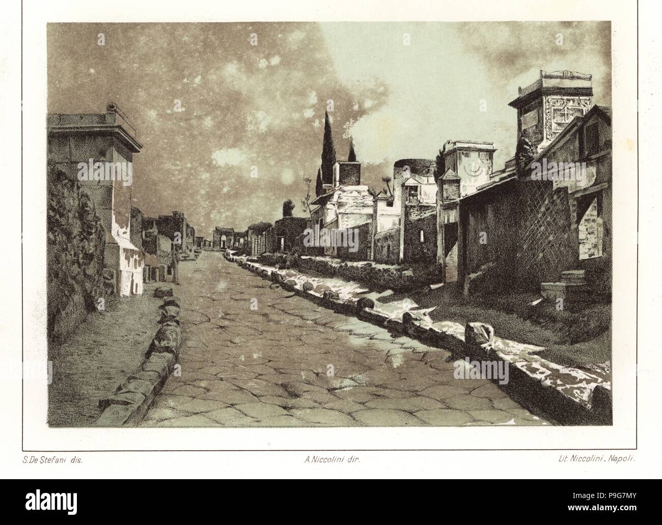 View of the Street of Tombs outside the Herculaneum Gate, Pompeii. Chromolithograph after an illustration by S. De Stefani from Antonio Niccolini’s Pompeii: Views and Restorations (Pompeii: Essaies et Restaurations), published by Niccolini, Naples, 1898. Antonio was grandson of the architect Antonio Niccolini Sr. Stock Photo