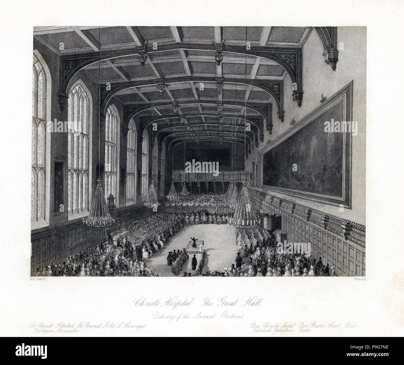 Delivery of the annual orations in the Great Hall, Christ's Hospital. Steel engraving by Henry Melville after an illustration by Llewellyn Jewitt from London Interiors, Their Costumes and Ceremonies, Joshua Mead, London, 1841. Stock Photo