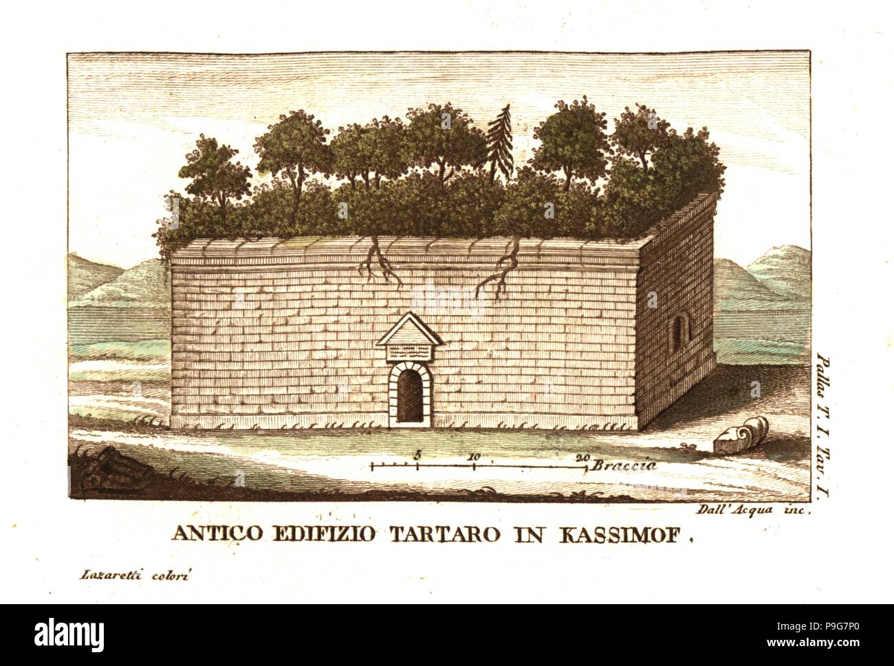 Ancient Tatar tomb of a Khan in Kasimov on the Oka River (Ryazan Oblast, Russia). Illustration by Mounier from Guillaume-Antoine Olivier’s Travels in the Ottoman Empire, Egypt and Persia, 1801. Copperplate engraving by Dell'Acqua handcoloured by Lazaretti from Giovanni Battista Sonzogno’s Collection of the Most Interesting Voyages (Raccolta de Viaggi Piu Interessanti), Milan, 1815-1817. Stock Photo