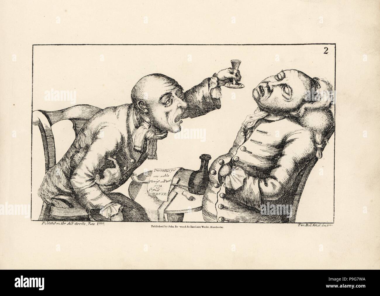 Two drunks at a table, one raising a glass of wine to his inebriated, sleeping companion. On the table a letter from Lord Bute, dated 1772 (Bute was accused of accepting bribes from the French). Copperplate engraving by Thomas Sanders after a satirical illustration by Timothy Bobbin (John Collier) from Human Passions Delineated, John Haywood, Manchester, 1773. Stock Photo