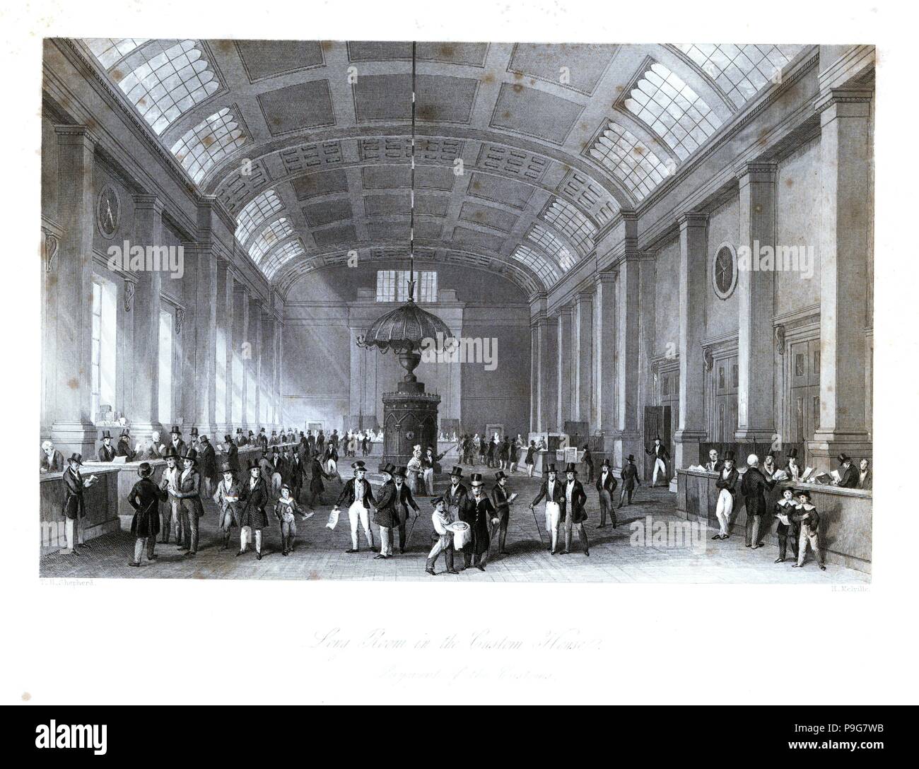 Payment of customs in the Long Room at Custom House. Built in 1813 by the architect David Laing, it collapsed in 1825. Steel engraving by Henry Melville after an illustration by Thomas Hosmer Shepherd from London Interiors, Their Costumes and Ceremonies, Joshua Mead, London, 1841. Stock Photo