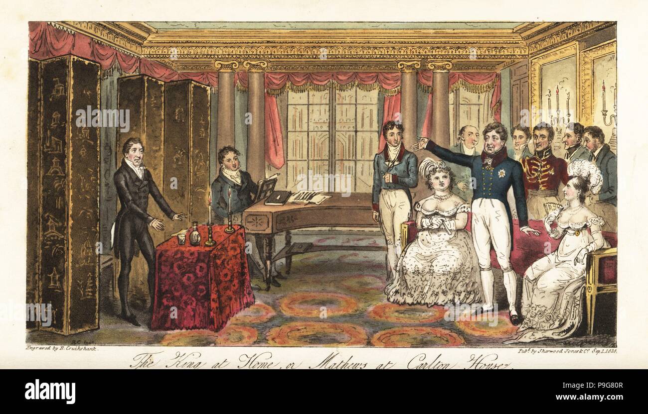 King George IV imitating the actor John Kemble in front of Princess Augusta, his mistress the Marchioness of Conyngham, and the mimick Charles Mathews. The King at Home; or Mathews at Carlton House. Handcoloured copperplate drawn and engraved by Robert Cruikshank from The English Spy, London, 1825. Written by Bernard Blackmantle, a pseudonym for Charles Molloy Westmacott. Stock Photo
