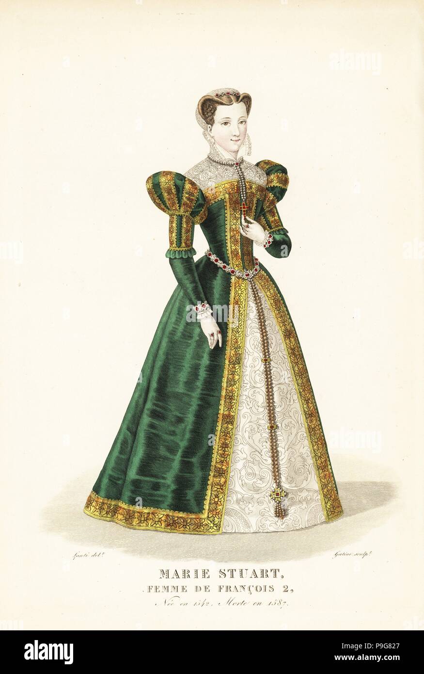 Mary Stuart of Scotland, wife of King Francis II of France, 1542-1587. She wears a lace cap, green surtout with shoulder pads and band of gold embroidery, damask petticoat, and belt and bracelet with gemstones. Handcoloured copperplate engraving by Georges Jacques Gatine after an illustration by Louis Marie Lante from Galerie Francaise de Femmes Celebres, Paris, 1827. Stock Photo