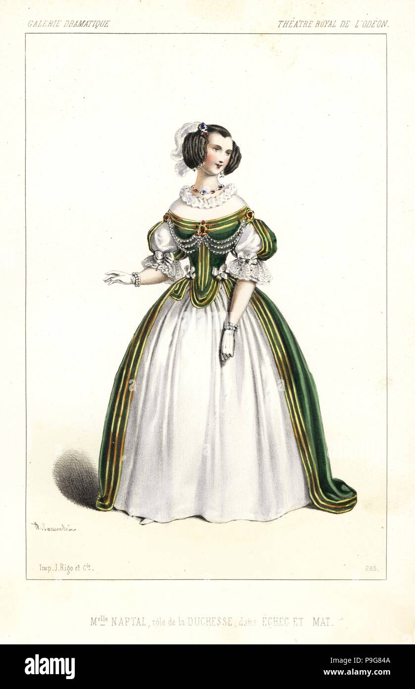 French actress Mlle Naptal Arnauld in Echec et Mat by Octave Feuillet and  Paul Bocage, Theatre Royal de l'Odeon, 1846. Handcoloured lithograph after  an illustration by Alexandre Lacauchie from Victor Dollet's Galerie